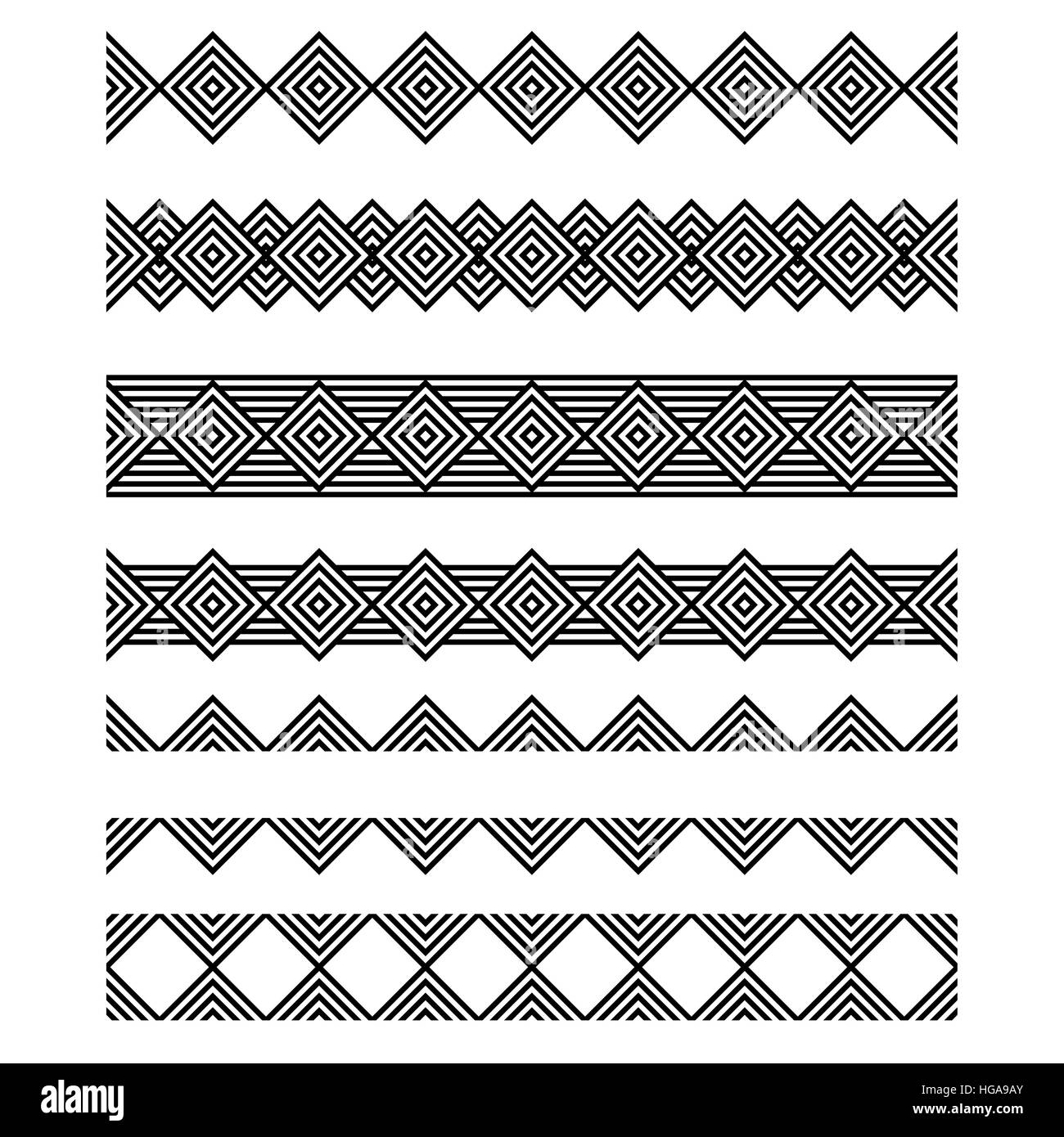 Un set di orizzontalmente seamless dei motivi geometrici. vettore di piatto su sfondo separati. Illustrazione Vettoriale