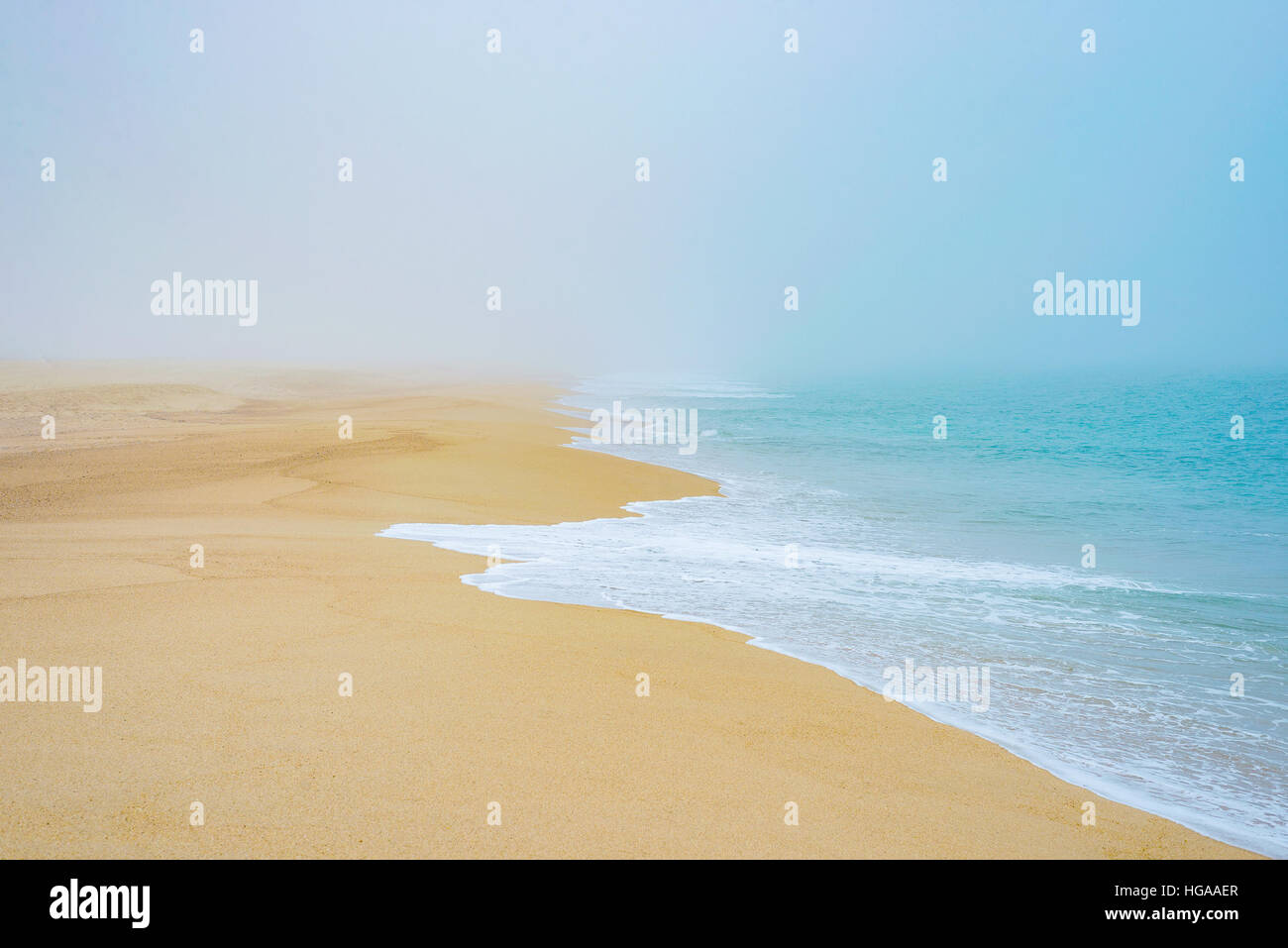 Spiaggia sabbiosa costa nella nebbia, oceano mare ondata di schiuma e nebbia romantica Foto Stock