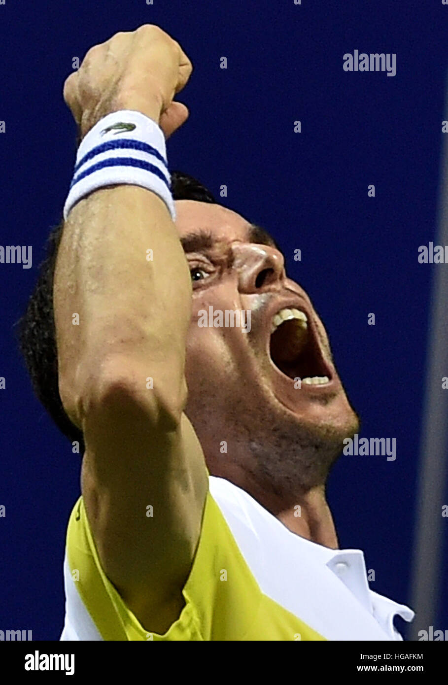 Chennai, India. Il 6 gennaio, 2017. Roberto Bautista Agut di Spagna celebra dopo la vittoria ai quarti di finale contro Mikhail YOUZHNY della Russia in ATP Chennai Open 2017 a Chennai il 6 gennaio 2017. Agut sconfigge Youzhny (2-6, 6-4, 6-4). © RS KUMAR KUMAR/Alamy Live News Foto Stock