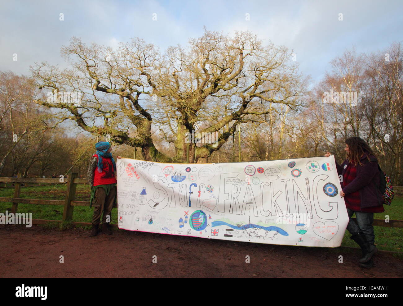 La Foresta di Sherwood, Nottinghamshire, Regno Unito. Il 7 gennaio 2017. I dimostranti protestano contro potenziali fracking nella Foresta di Sherwood, Nottinghamshire dopo gli Amici della Terra hanno rivelato chemicals ditta INEOS è quello di effettuare l'imaging sismico indagini in questo ex medievale della foresta di caccia compresi vicino alla mitica quercia Major (nella foto). Gli attivisti verdi temono che questa potrebbe comportare per la ricerca di gas di scisto in la leggendaria casa di eroico fuorilegge, Robin Hood. INEOS Shale dice che non è fracking nella Foresta di Sherwood. Credito: Deborah Vernon/Alamy Live News Foto Stock