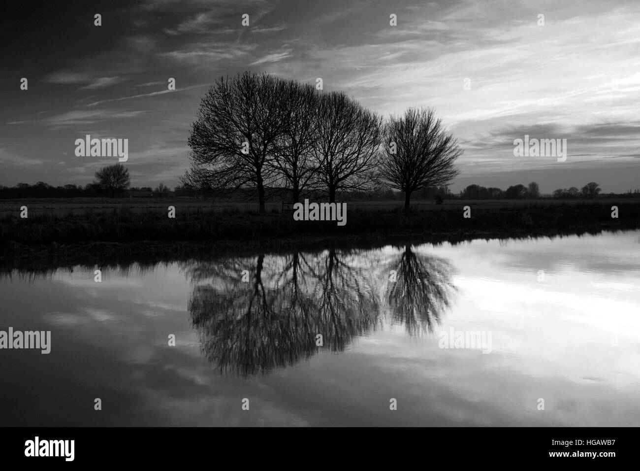Alba d'inverno, fiume Nene, traghetto Prati, Peterborough, CAMBRIDGESHIRE, England, Regno Unito Foto Stock