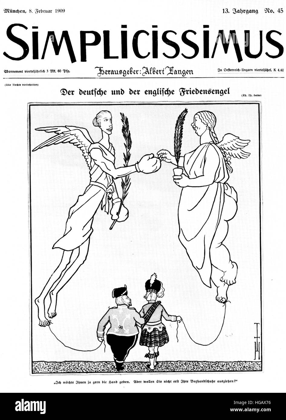 SIMPLICISSIMUS tedesco rivista satirica coperchio 8 febbraio 1909 che mostra il re Edoardo VII in un kilt con il nipote del Kaiser, in apparente amicizia. Tuttavia le didascalie dice: "Io vorrei stringere le mani con voi ma prima si prega di' togliere i guanti da boxe. Foto Stock