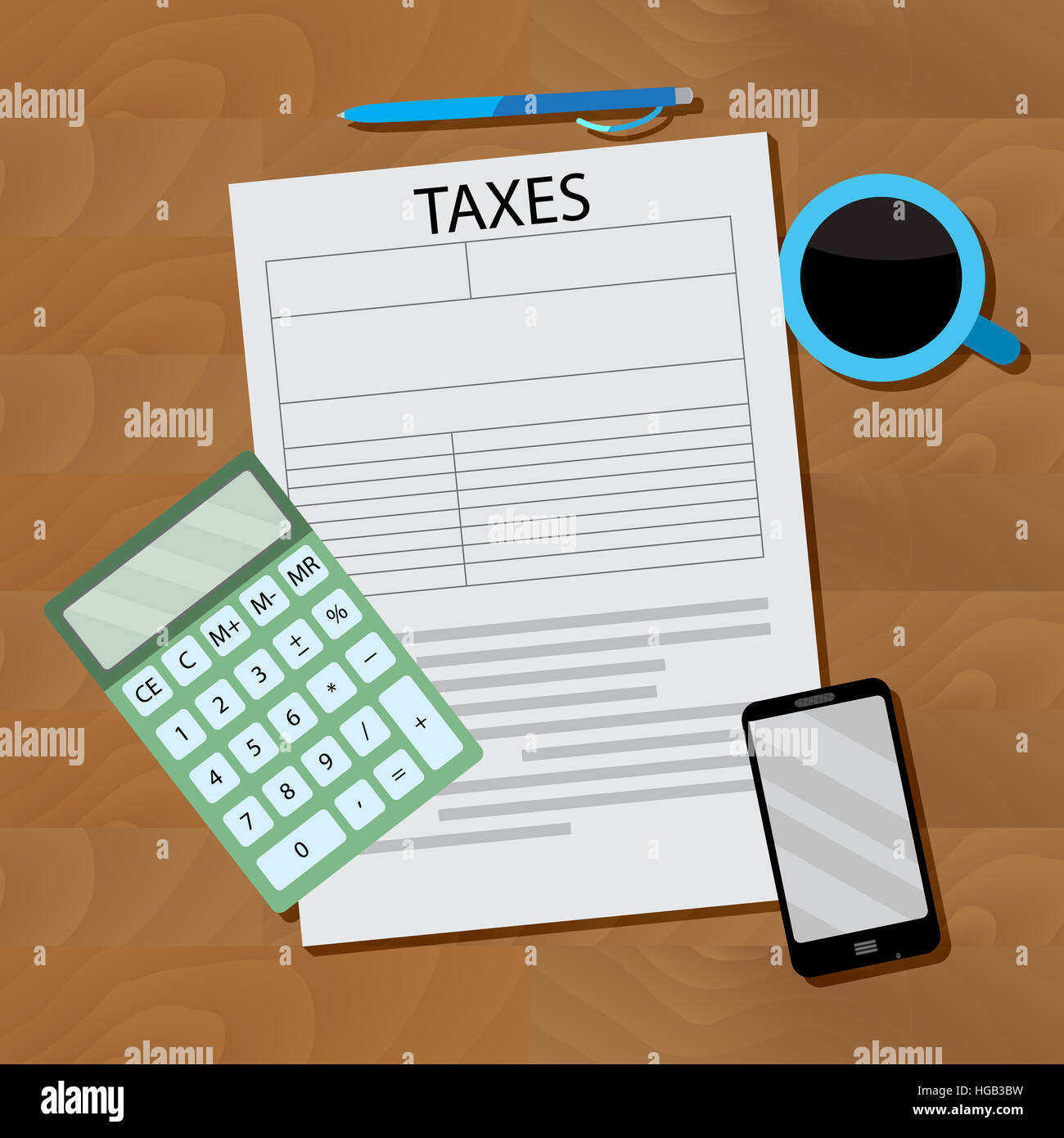 Progettazione fiscale piatta. Finanziare la documentazione contabile e di calcolare il reddito. Illustrazione Vettoriale Foto Stock