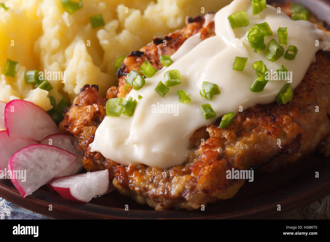 Paese Bistecca di fritte e sugo bianco con purè di patate su una piastra orizzontale di macro Foto Stock