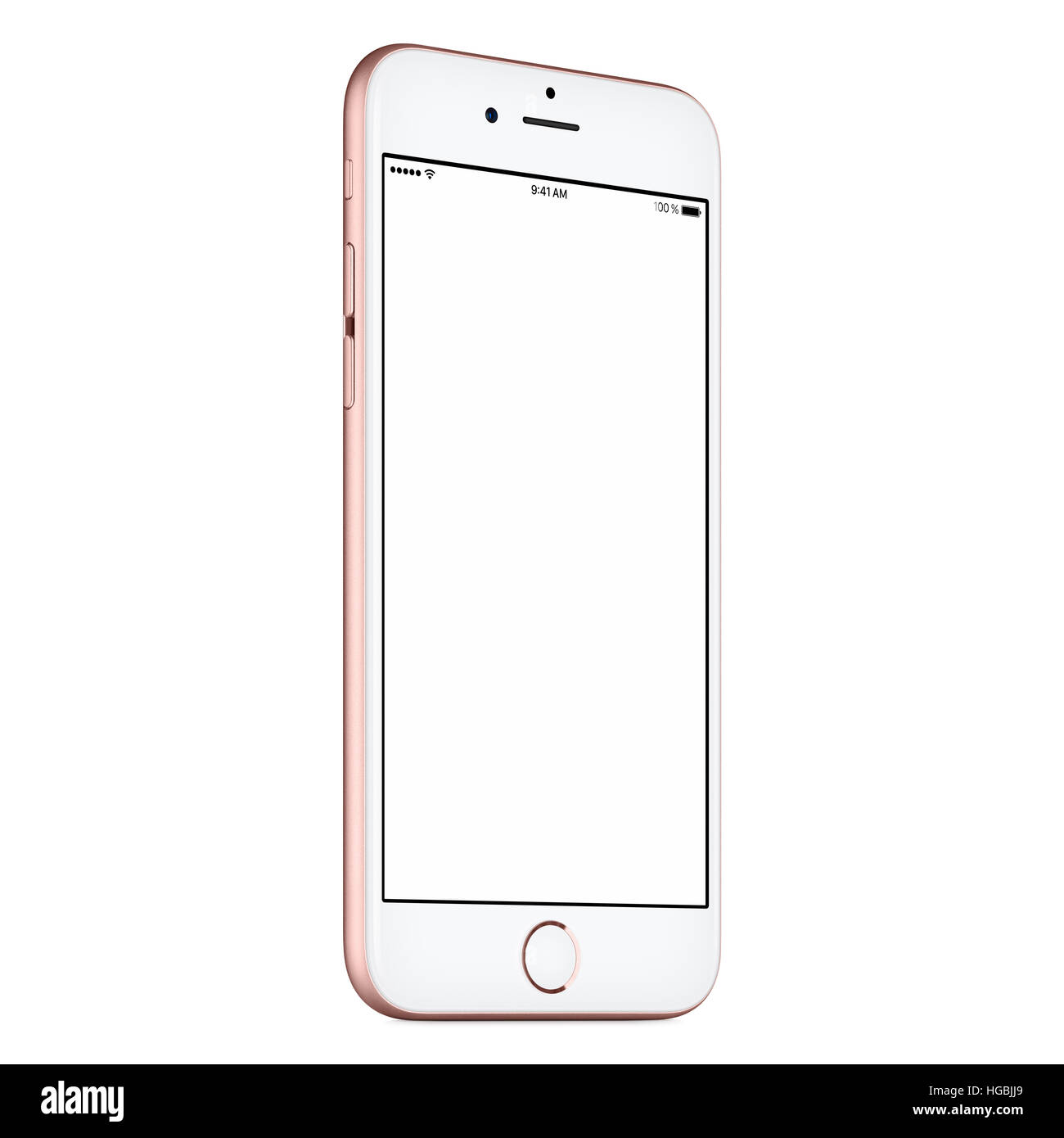 Rosa mobile smart phone mock up leggermente ruotata in senso antiorario con schermo vuoto isolato su sfondo bianco. Foto Stock