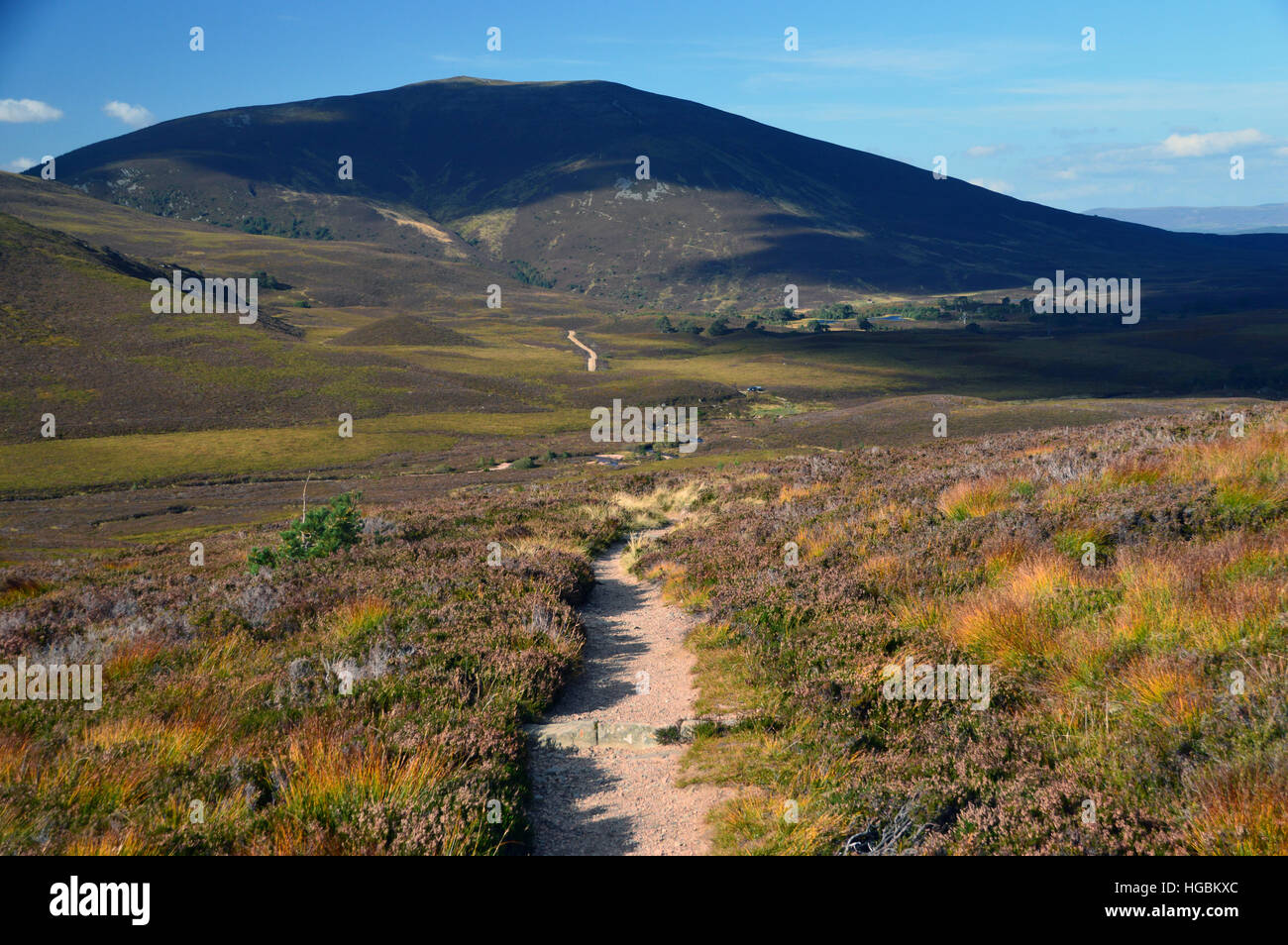 Il Corbett Meall un' Bhuachaille e il sentiero pedonale per Braemar tramite un Lairig Laoigh da Glenmore Lodge. Highlands scozzesi. Foto Stock