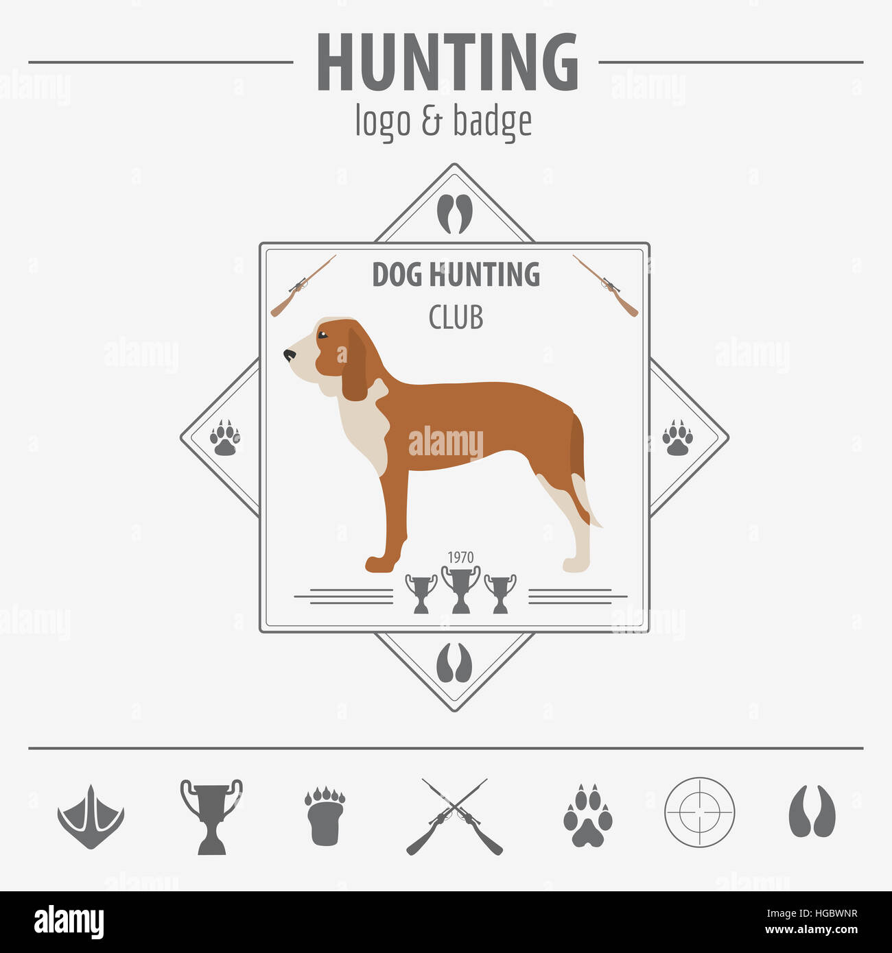 Il logo di caccia e del modello di badge. Cane caccia, apparecchiature. Design piatto. Illustrazione Vettoriale Foto Stock