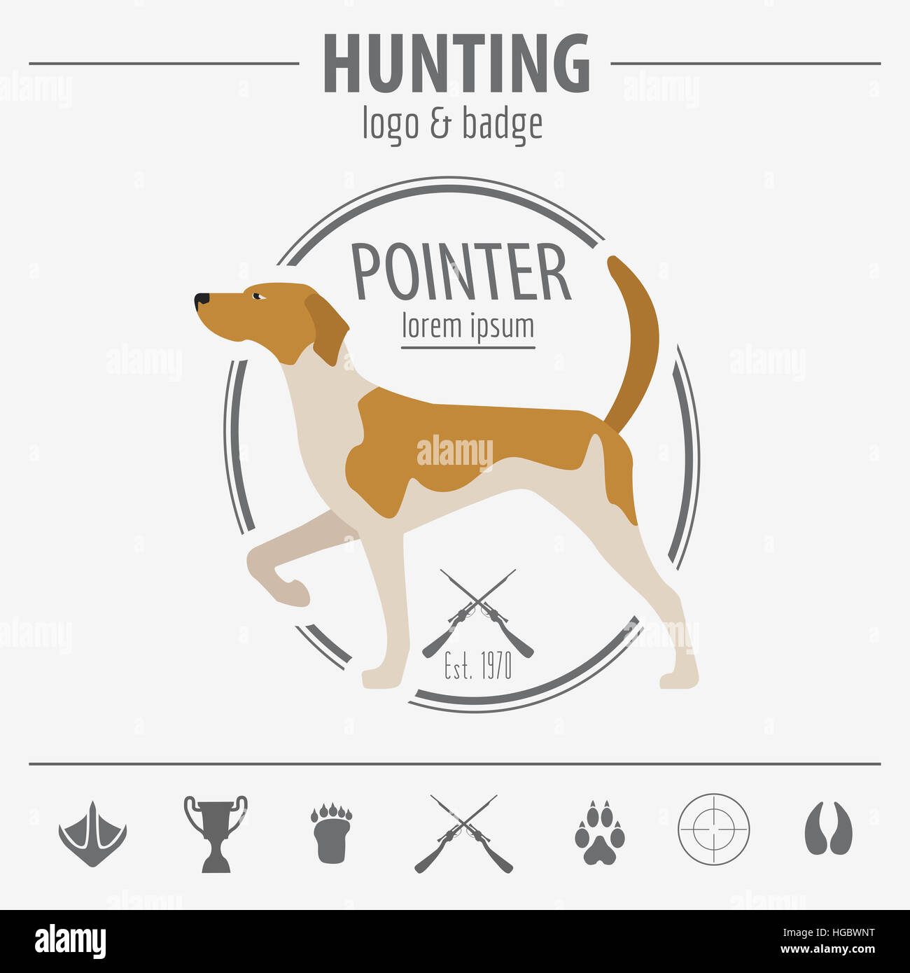 Il logo di caccia e del modello di badge. Cane caccia, apparecchiature. Design piatto. Illustrazione Vettoriale Foto Stock