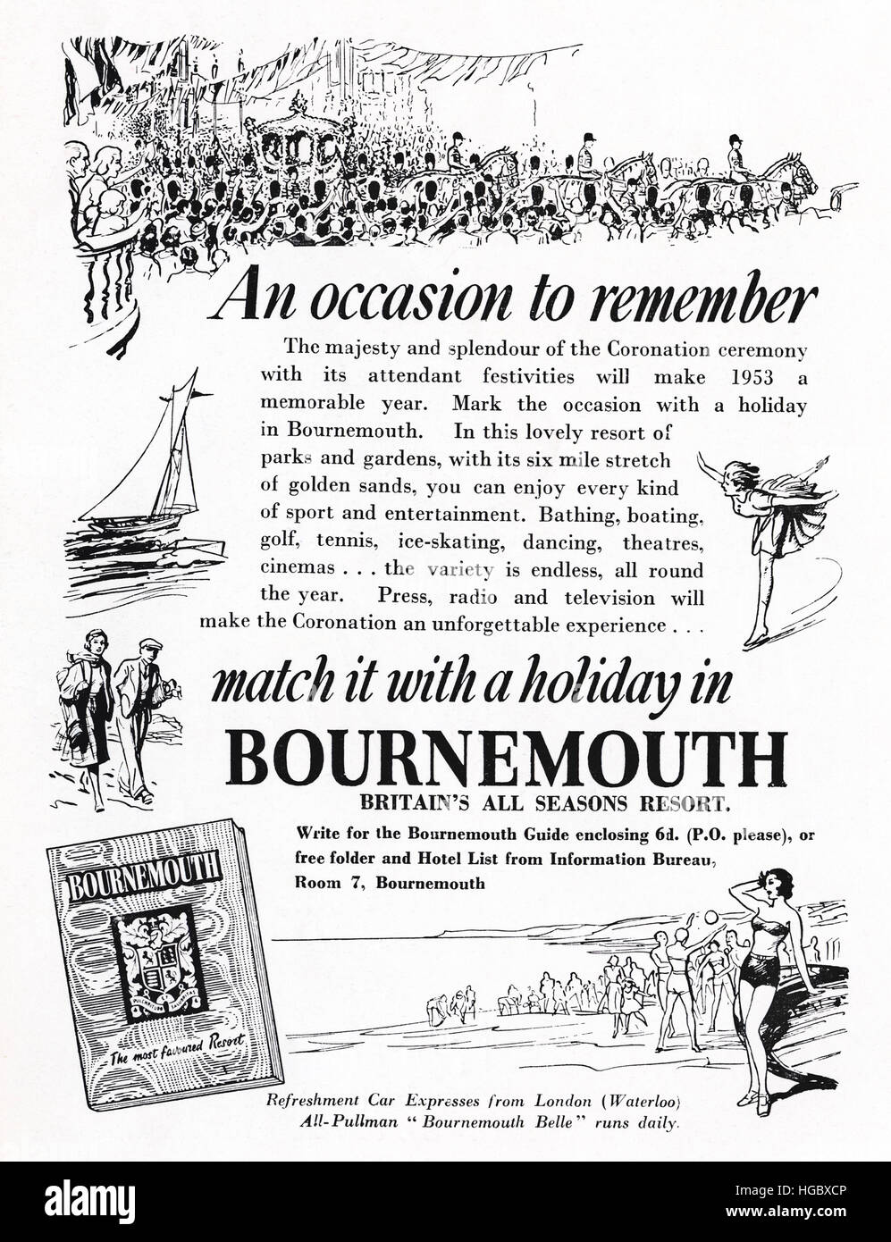 Anni Cinquanta annuncio pubblicitario dal vecchio originale vintage rivista inglese datato 1953 retrò pubblicità per le vacanze a Bournemouth Inghilterra UK celebra l incoronazione della Regina Elisabetta II Foto Stock