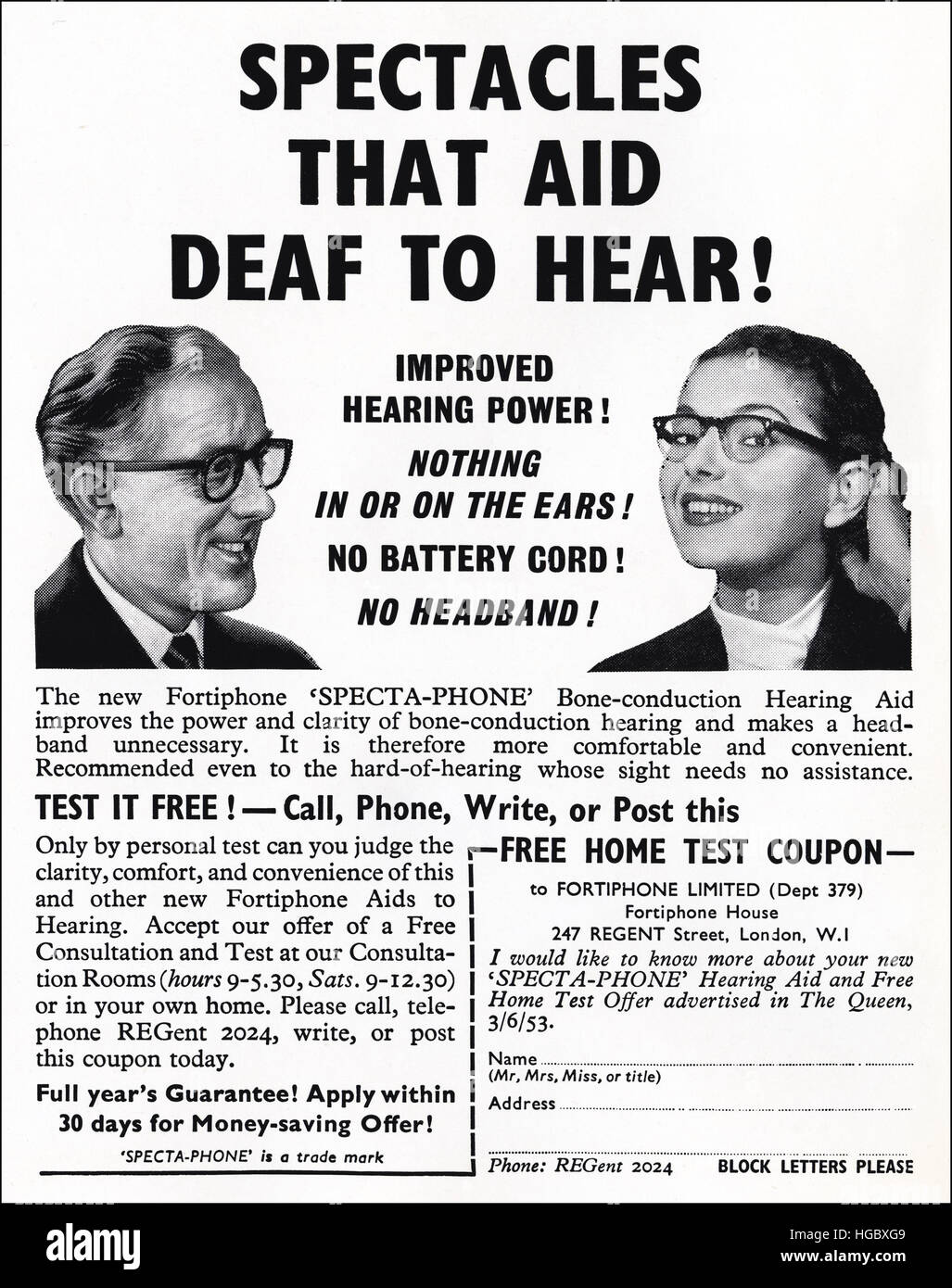 Anni Cinquanta annuncio pubblicitario dal vecchio originale vintage rivista inglese datato 1953 pubblicità per Specta-Phone a conduzione ossea hearing aid occhiali da Fortiphone limitata 50s retrò Foto Stock