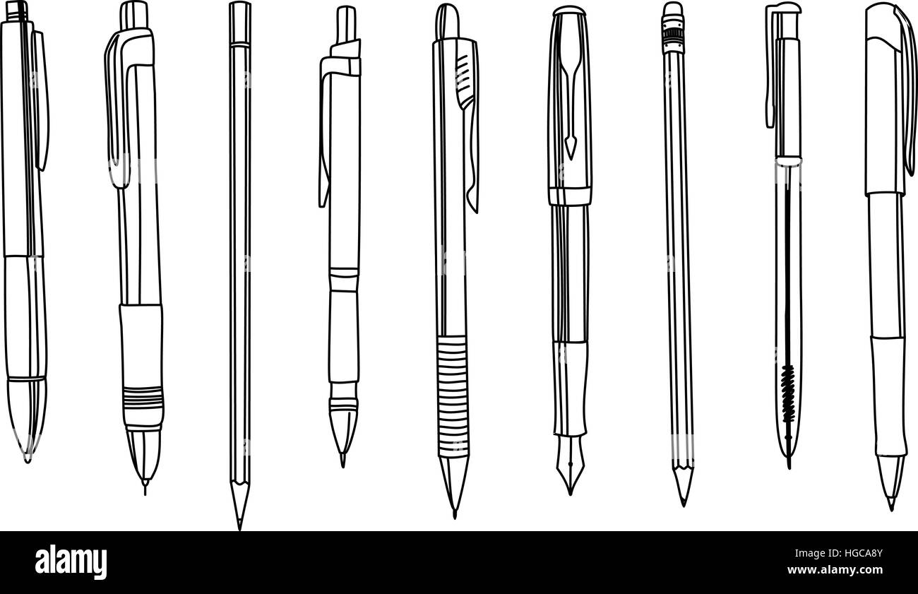 Penne e matite in una fila, illustrazione di contorno. Isolato su bianco. Illustrazione Vettoriale