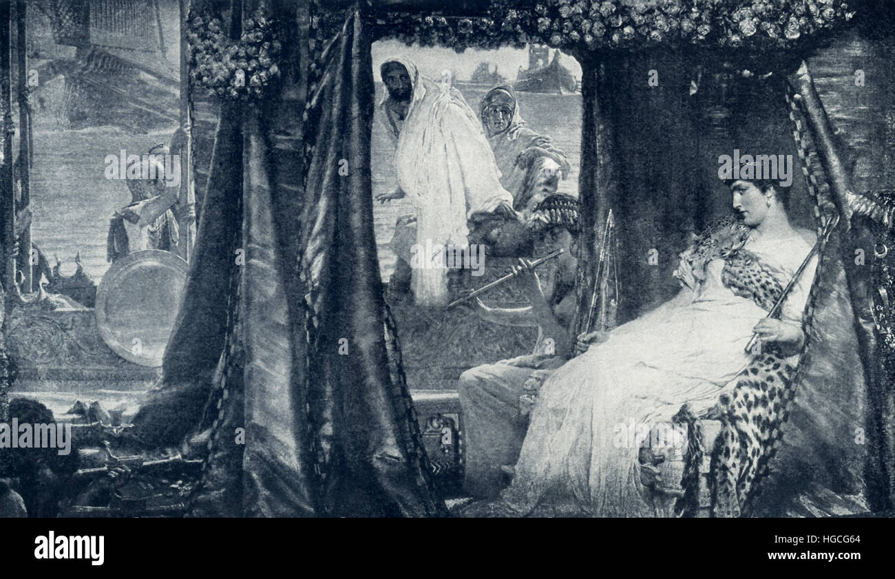 Questo dipinto dall'artista olandese Alma-Tadema (1836-1912) mostra la riunione di Marcantonio e Cleopatra sul fiume Cydnus. Antichi ha detto di Marcantonio, uno dei top leader del mondo romano del primo secolo A.C. evocazione di Cleopatra ad incontrarlo a Tarso (nell attuale Turchia) nel 41 A.C. Ella ha ritardato per un po', quindi è detto, e poi navigato fino al fiume Cyndus su un magnifico barge, riempito di fiori e profumati di profumi. La scena qui viene mostrato quando Antony entra per la prima volta nella chiatta e vedere Cleopatra. Foto Stock
