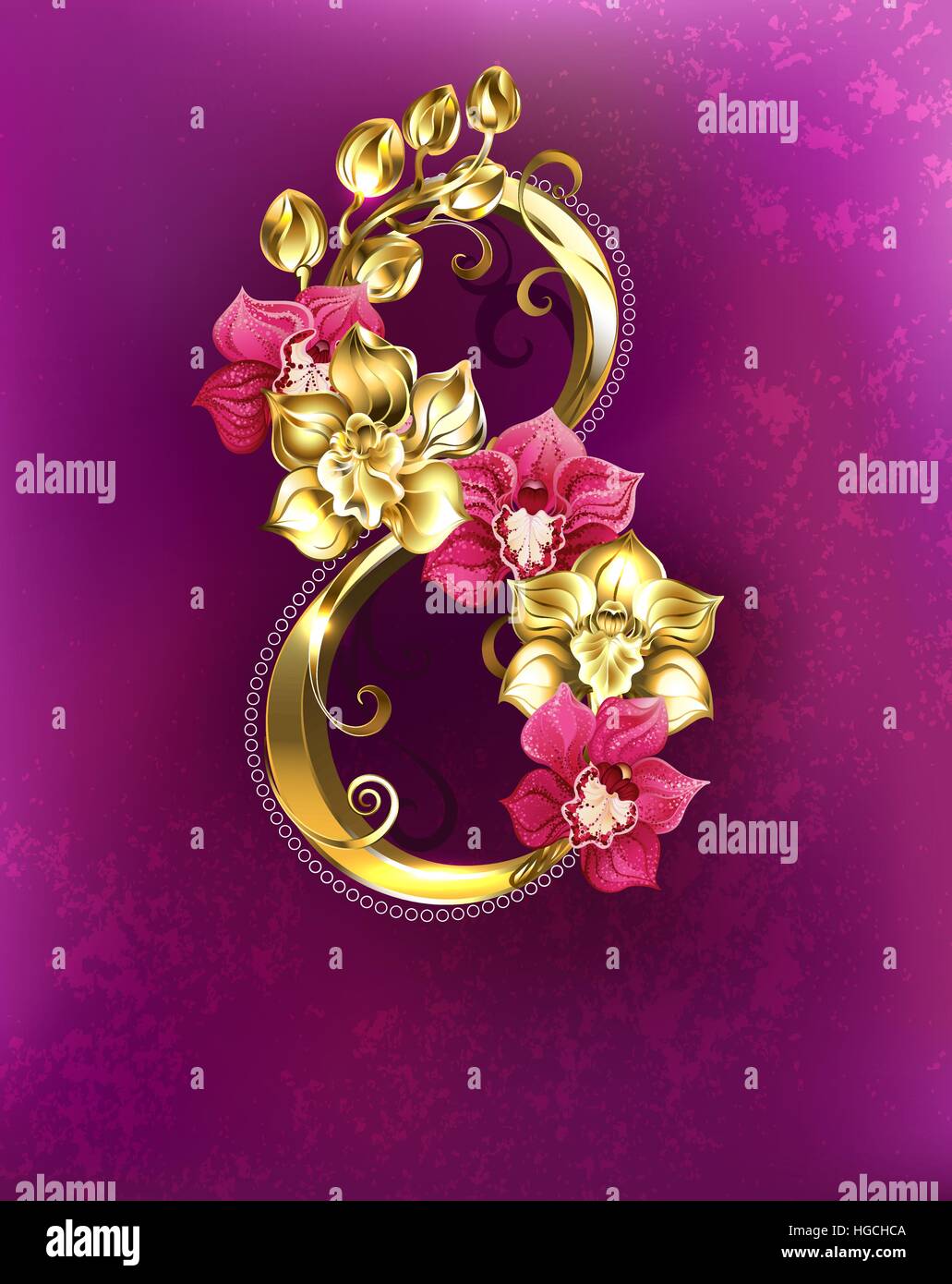 Otto oro con oro e rosa orchidee su una rosa tessiturali sfondo. Festival il 8 marzo. La Giornata internazionale della donna. Illustrazione Vettoriale
