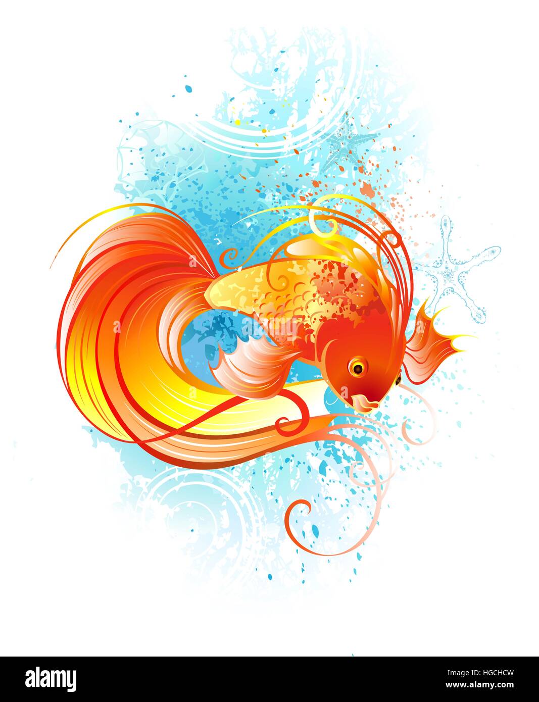 Rosso, artisticamente dipinte di pesce su uno sfondo bianco con corallo blu. Illustrazione Vettoriale