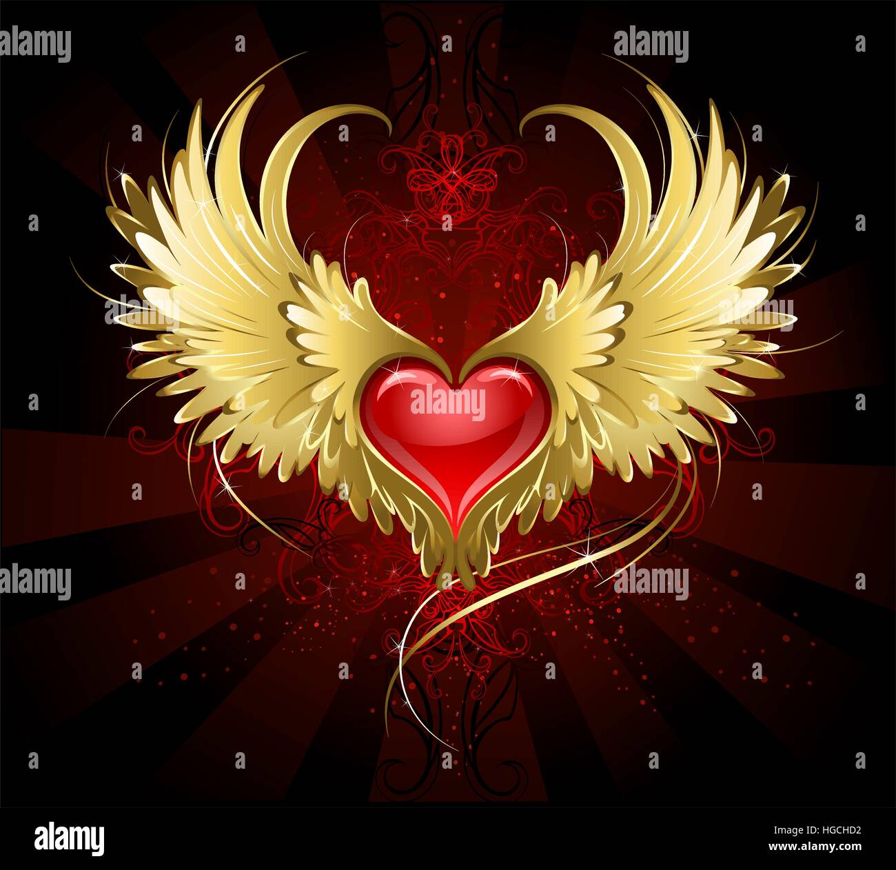 Rosso brillante cuore di un angelo con ali dorate che brillano nel buio radiante sfondo rosso decorato con un motivo. Illustrazione Vettoriale