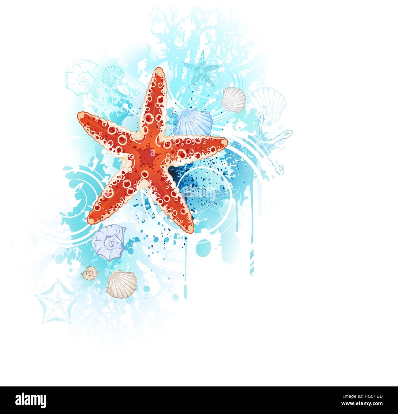Artisticamente dipinte di rosso starfish con conchiglie e coralli blu su uno sfondo bianco. Illustrazione Vettoriale