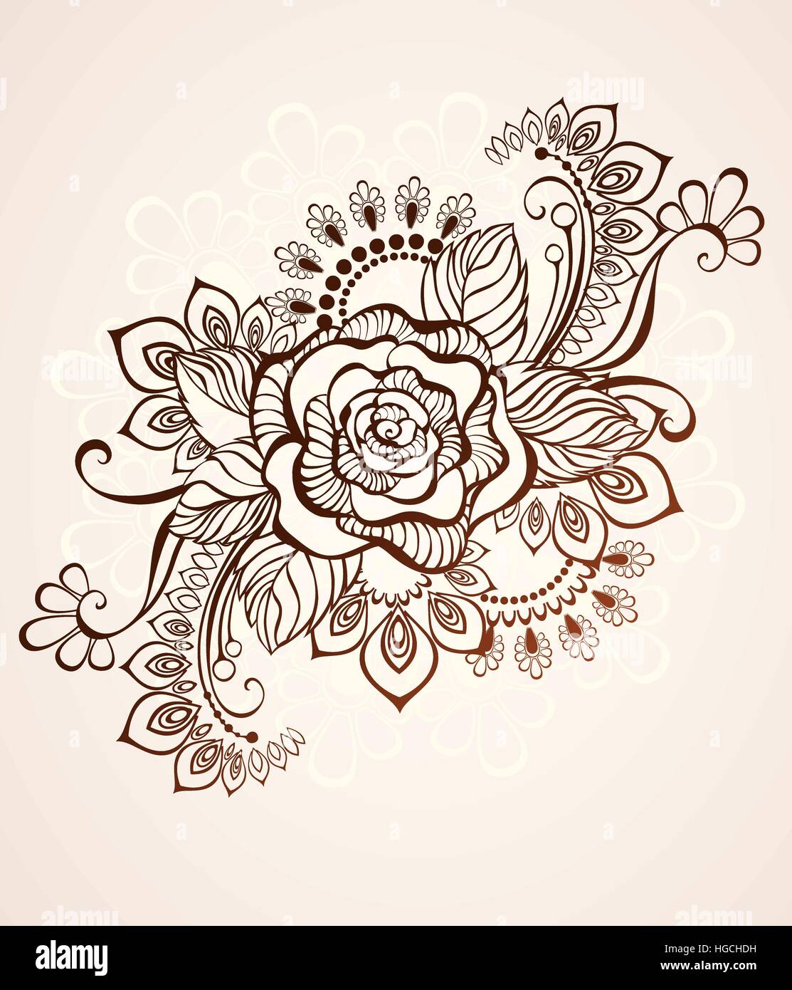 Rose dipinta nello stile di mehendi su uno sfondo beige. Illustrazione Vettoriale