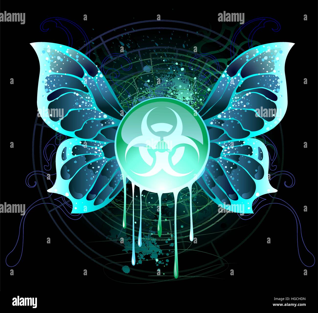 Rotondo in vetro banner con un simbolo di pericolo biologico, disegnato con acido brillante vernici su uno sfondo nero. Illustrazione Vettoriale