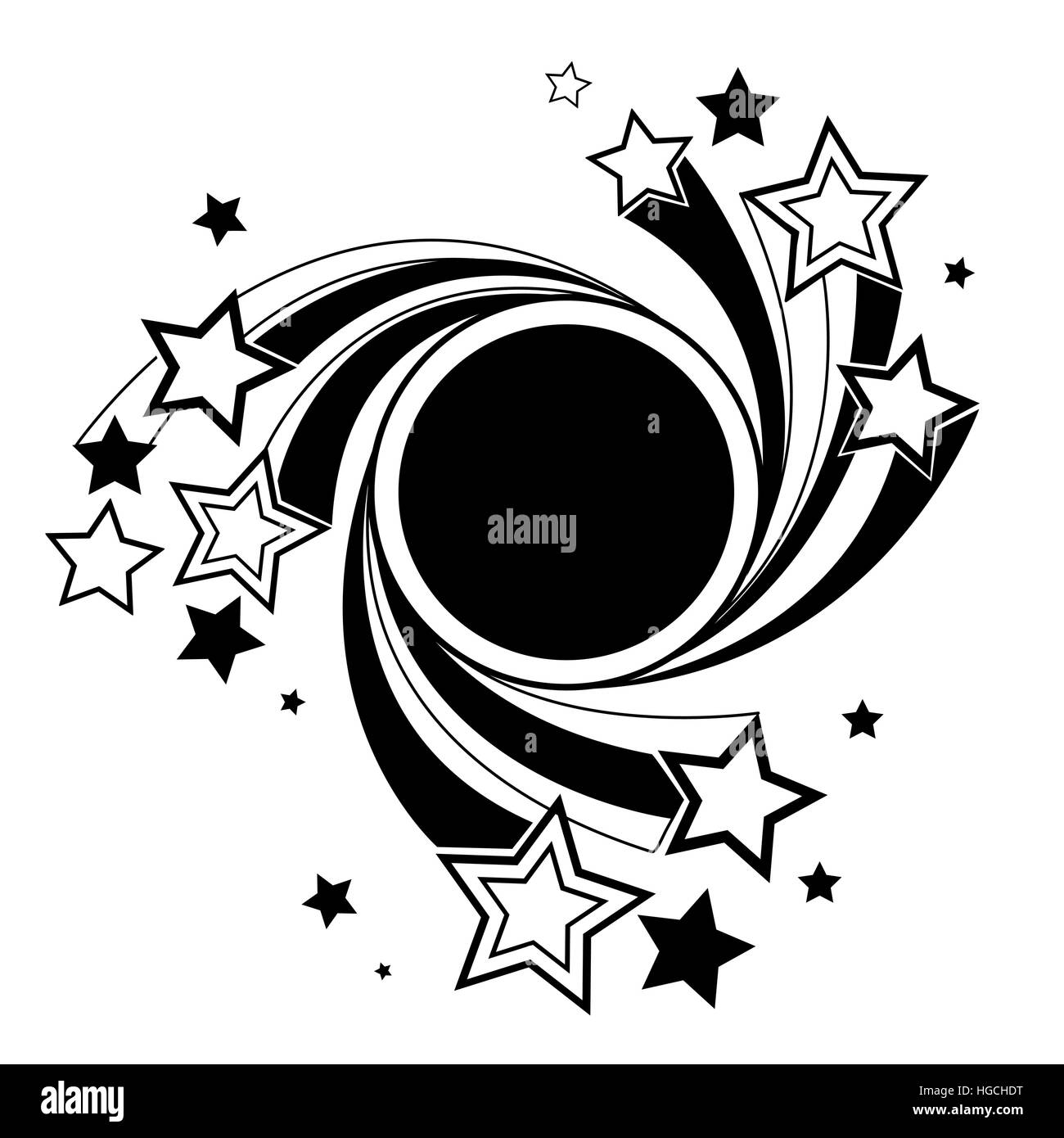 Nero rotondo banner con contorno nero stelle su uno sfondo bianco. Illustrazione Vettoriale