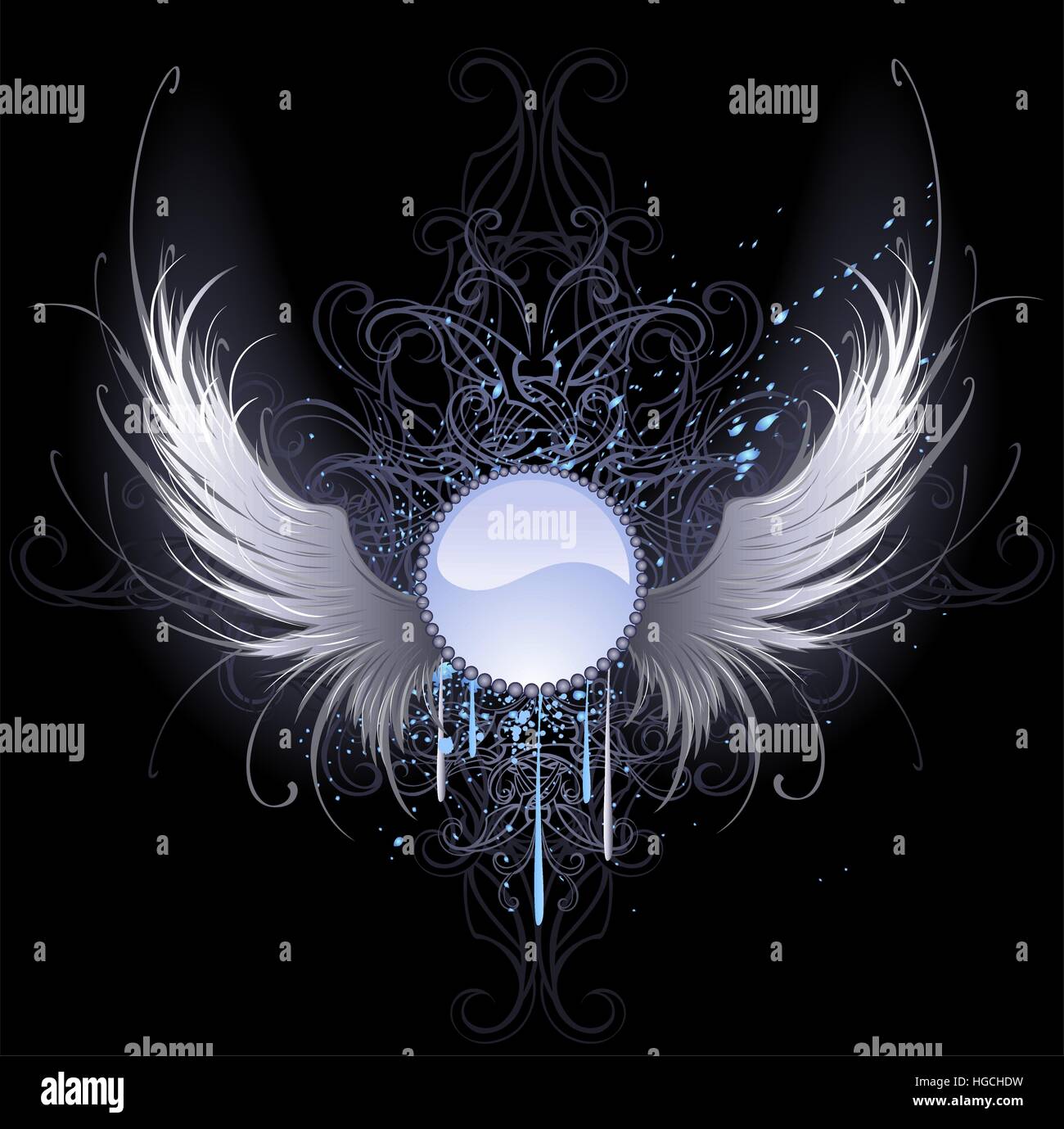 Round banner blu con artisticamente dipinte di bianco angel wings su uno sfondo nero decorato con un motivo e vernice blu. Illustrazione Vettoriale