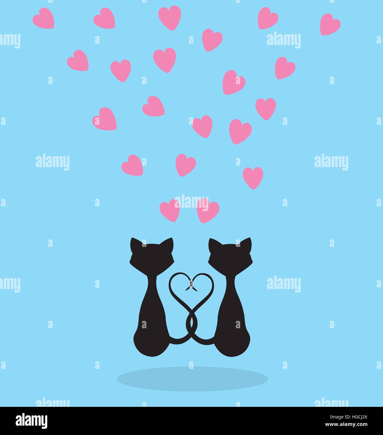 Illustrazione vettoriale di gatti sullo sfondo di San Valentino con Cuori rosa Illustrazione Vettoriale