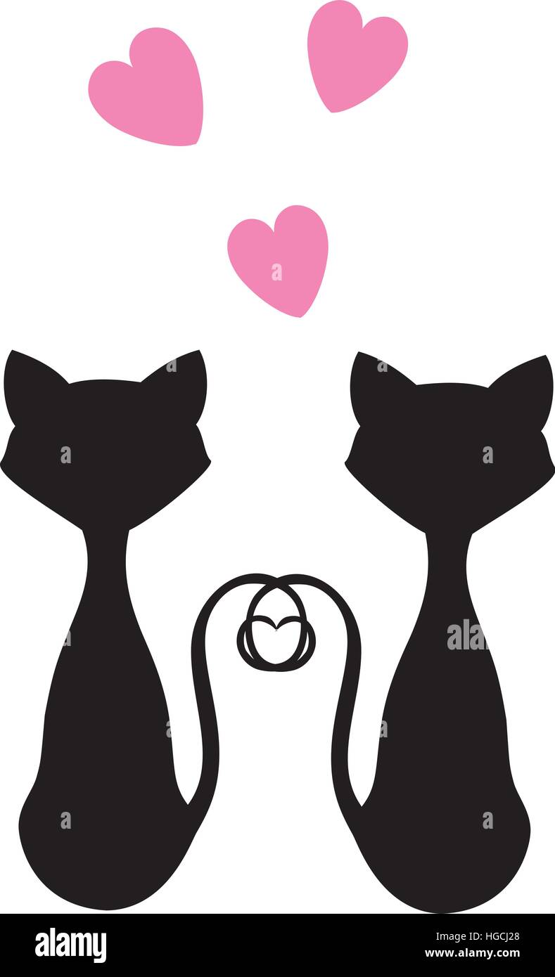 Illustrazione vettoriale di gatti sullo sfondo di San Valentino con Cuori rosa Illustrazione Vettoriale