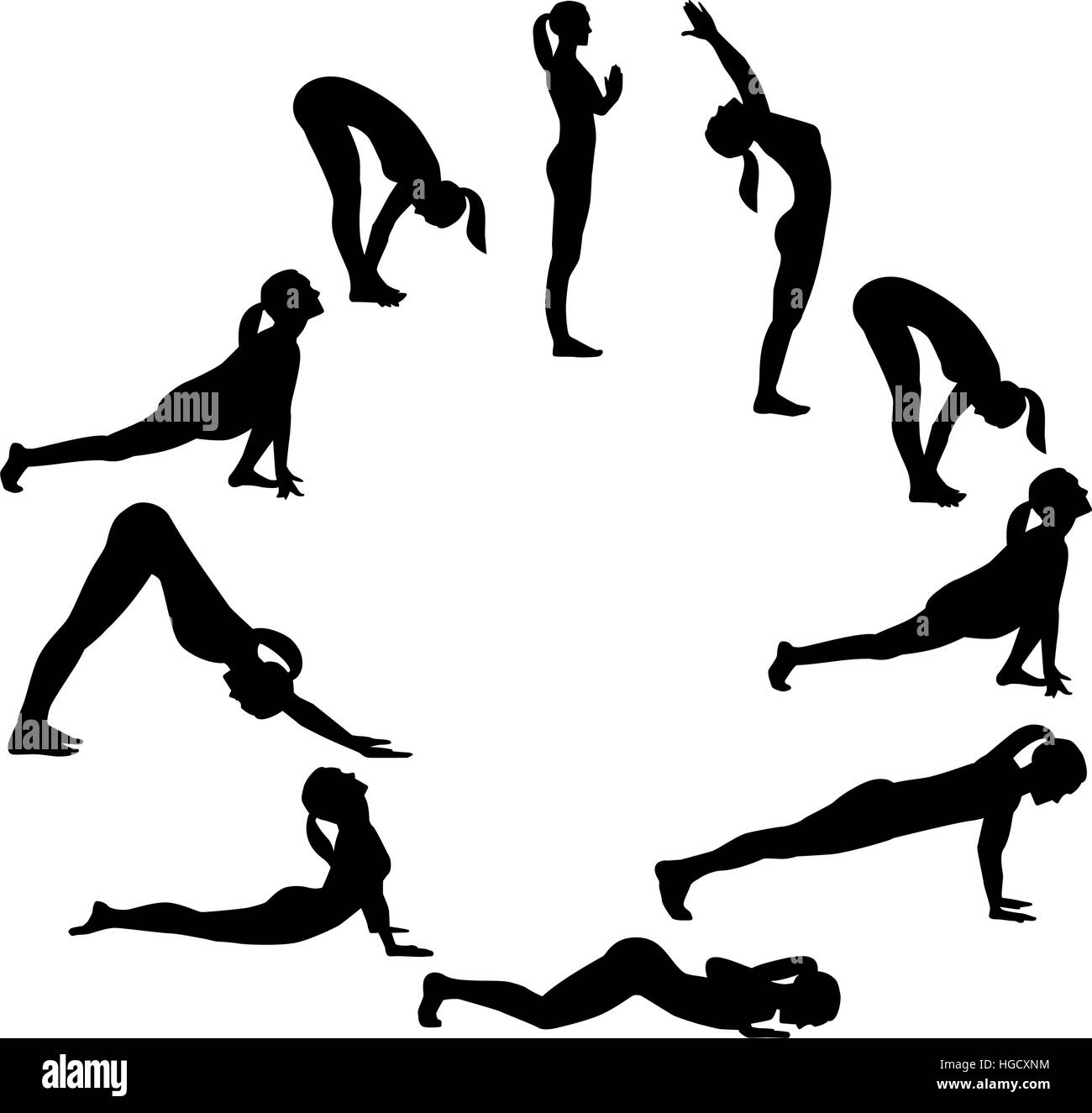 Lo Yoga sun salutation - tutte le posizioni in un cerchio Illustrazione Vettoriale