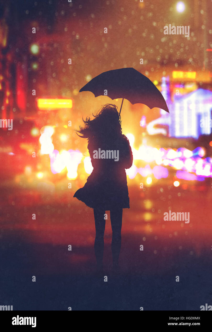 Lonely donna con ombrello in città di notte,illustrazione pittura Foto Stock