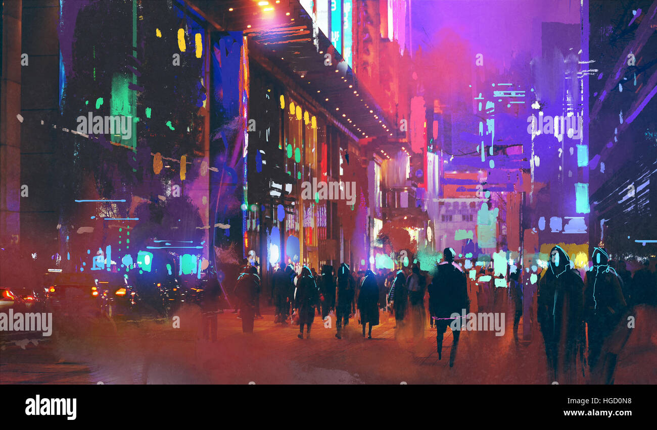 Persone che camminano in sci-fi di città di notte con luce colorata, illustrazione pittura Foto Stock