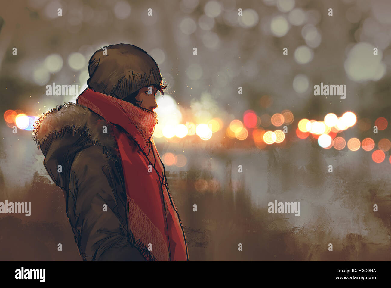 Outdoor Ritratto di giovane uomo in inverno con bokeh luce sullo sfondo, illustrazione pittura Foto Stock