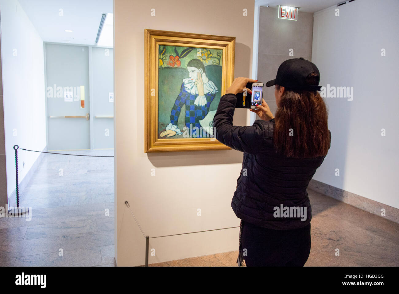 Pablo Picasso, seduto Harlequin 1901 in mostra al Metropolitan Museum di New York City, Stati Uniti d'America. Foto Stock