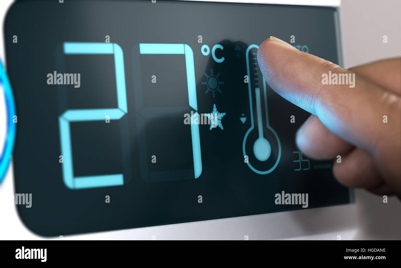 Comando temperatura aria condizionata. dito premendo l'icona del termometro sul scrren, celsius unità. home concetto di automazione. composite tra un io Foto Stock