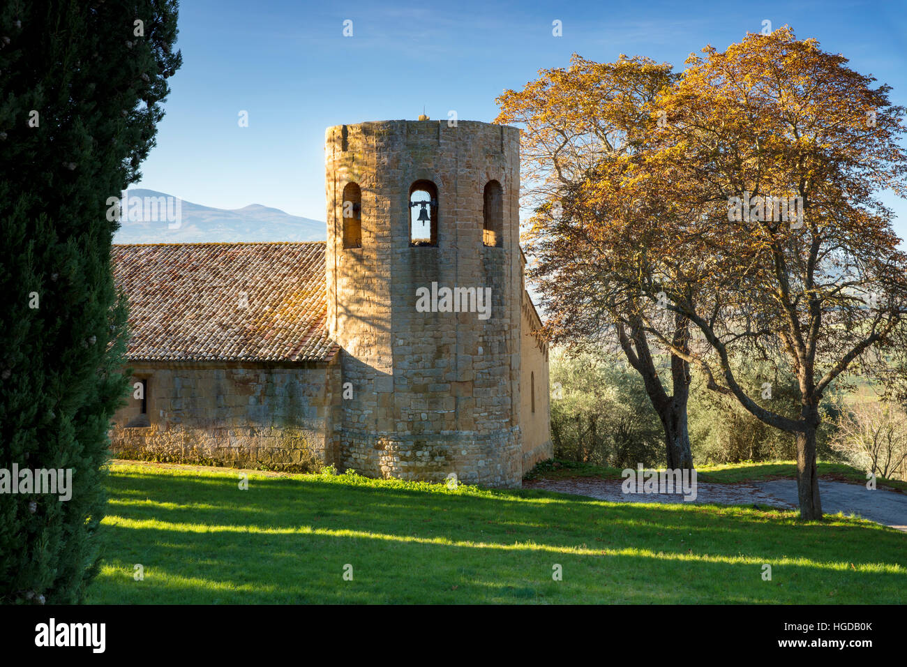 Antica Pieve di Corsignano chiesa (costruito 12 C), Pienza, Toscana, Italia Foto Stock