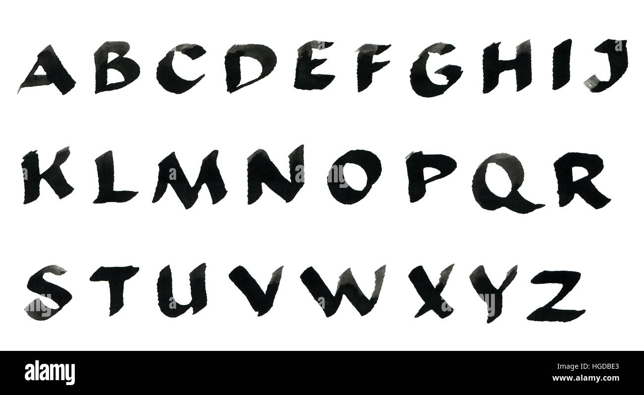 Disegnata a mano alfabeto latino, set di nero testurizzato lettere maiuscole, isolato su sfondo bianco. Raster illustrazione grafica. Foto Stock