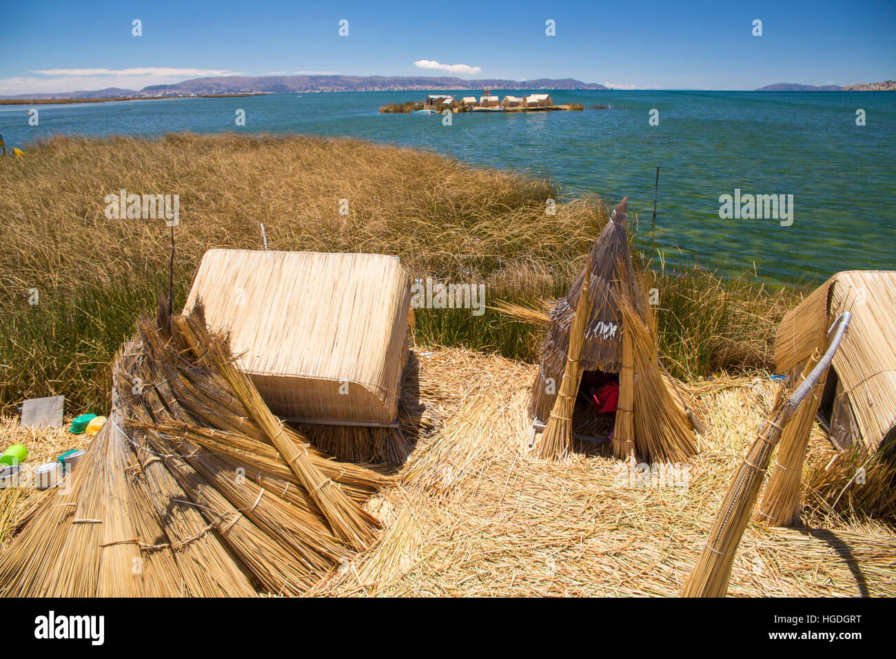 Uros, reed island, il lago Titicaca, Foto Stock