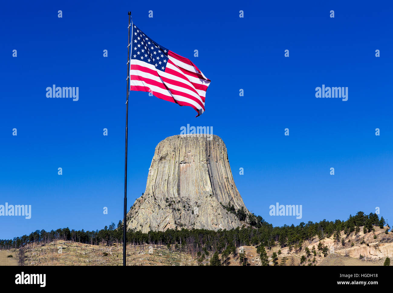 WY02279-00...WYOMING - bandiera americana e Devils Tower, vista fron the Devils Tower Post Office. Foto Stock