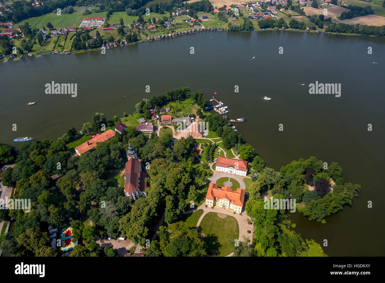 Vista aerea, Mirow Castle, castello isola, Lago Mirow, Meclemburgo Lake Plateau, Meclemburgo-Pomerania Occidentale, Germania Foto Stock