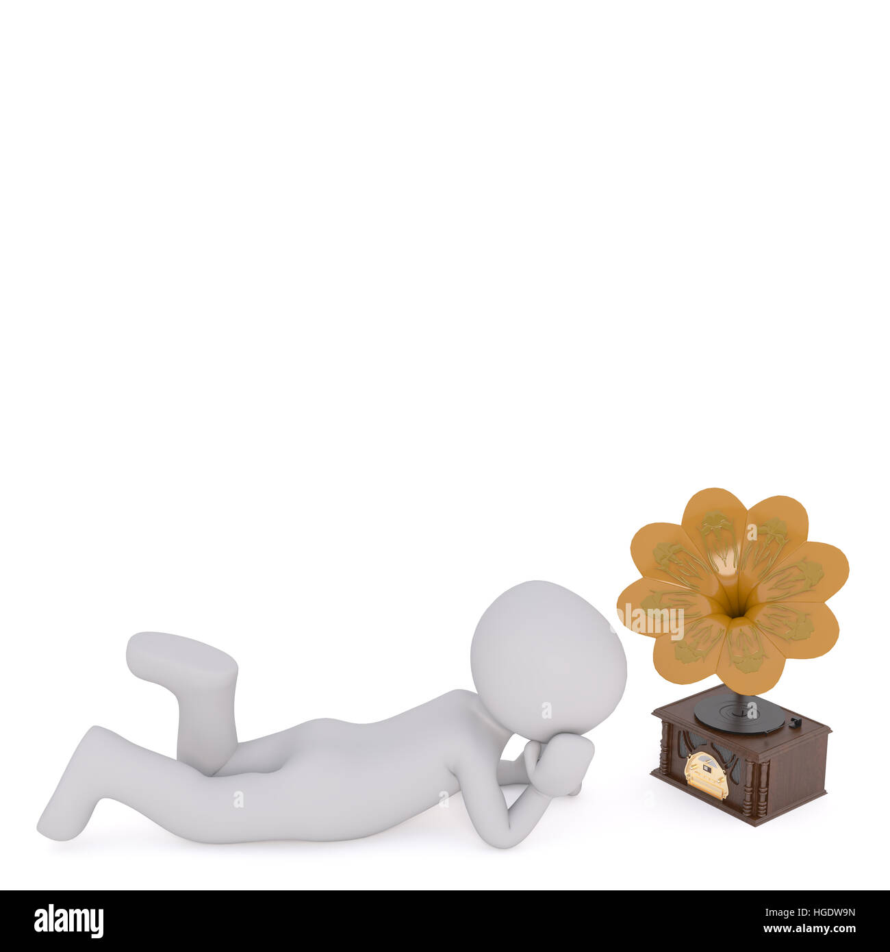 3D Rendering di fumetto la figura giacente sul pavimento su stomaco con testa in appoggio nelle mani mentre si ascolta la musica dal fonografo antichi nella parte anteriore del bianco Foto Stock