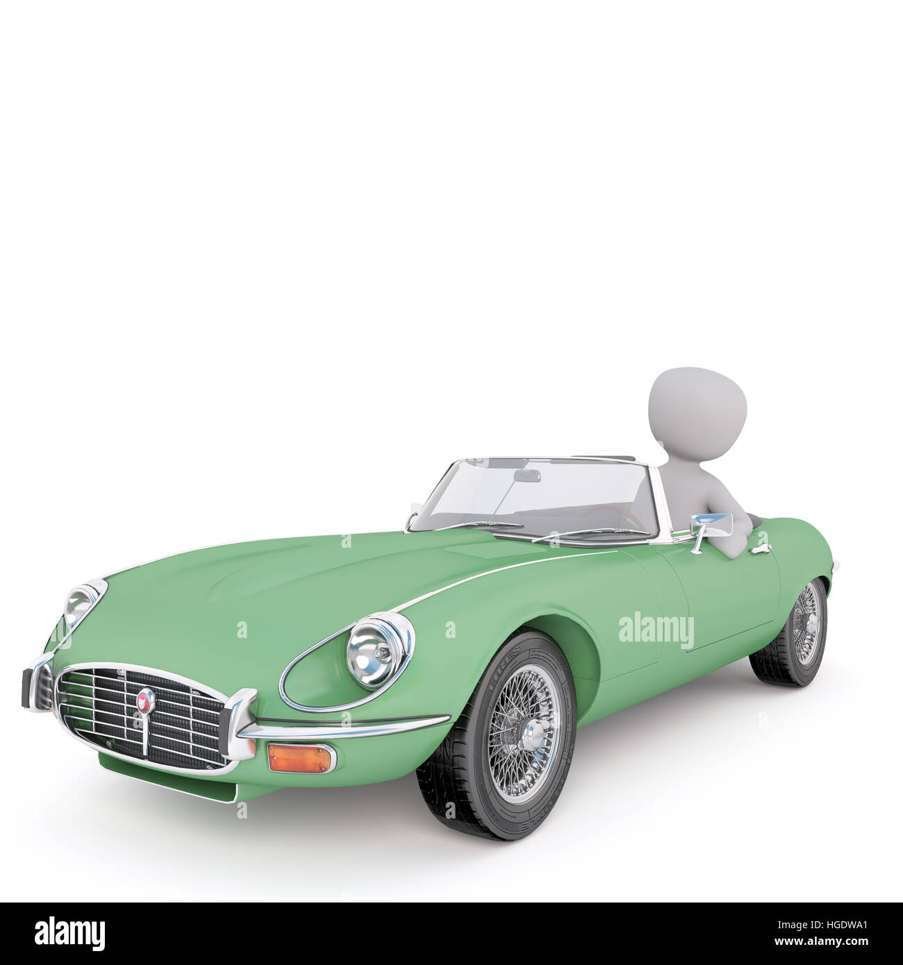 3D Rendering della figura del fumetto seduto nel sedile del guidatore di Classic Vintage verde auto convertibili davanti a uno sfondo bianco Foto Stock