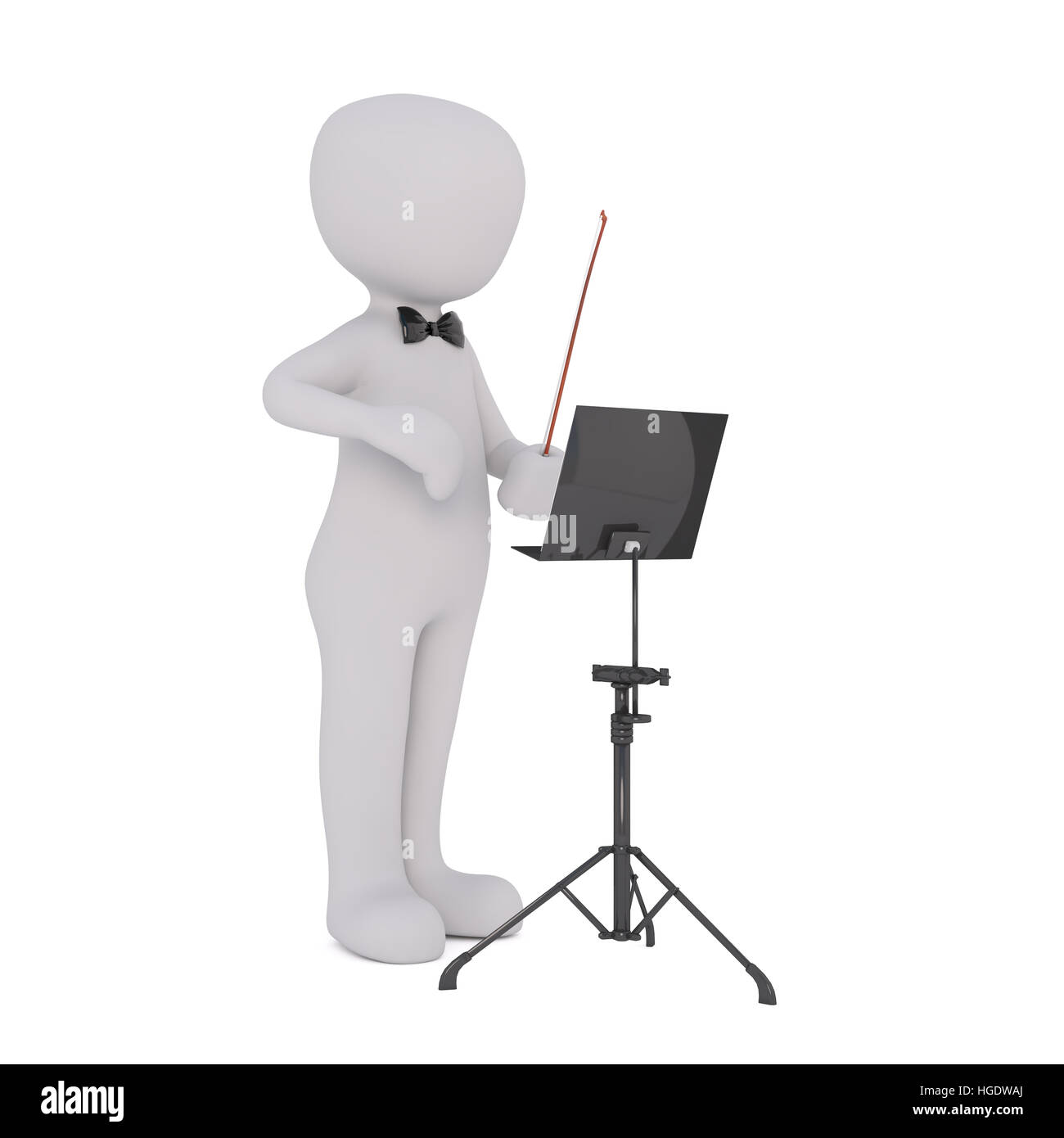 3D Rendering della figura del fumetto che indossa il filtro Bow Tie e in piedi di fronte a uno sfondo bianco con il testimone e il Music Stand Foto Stock