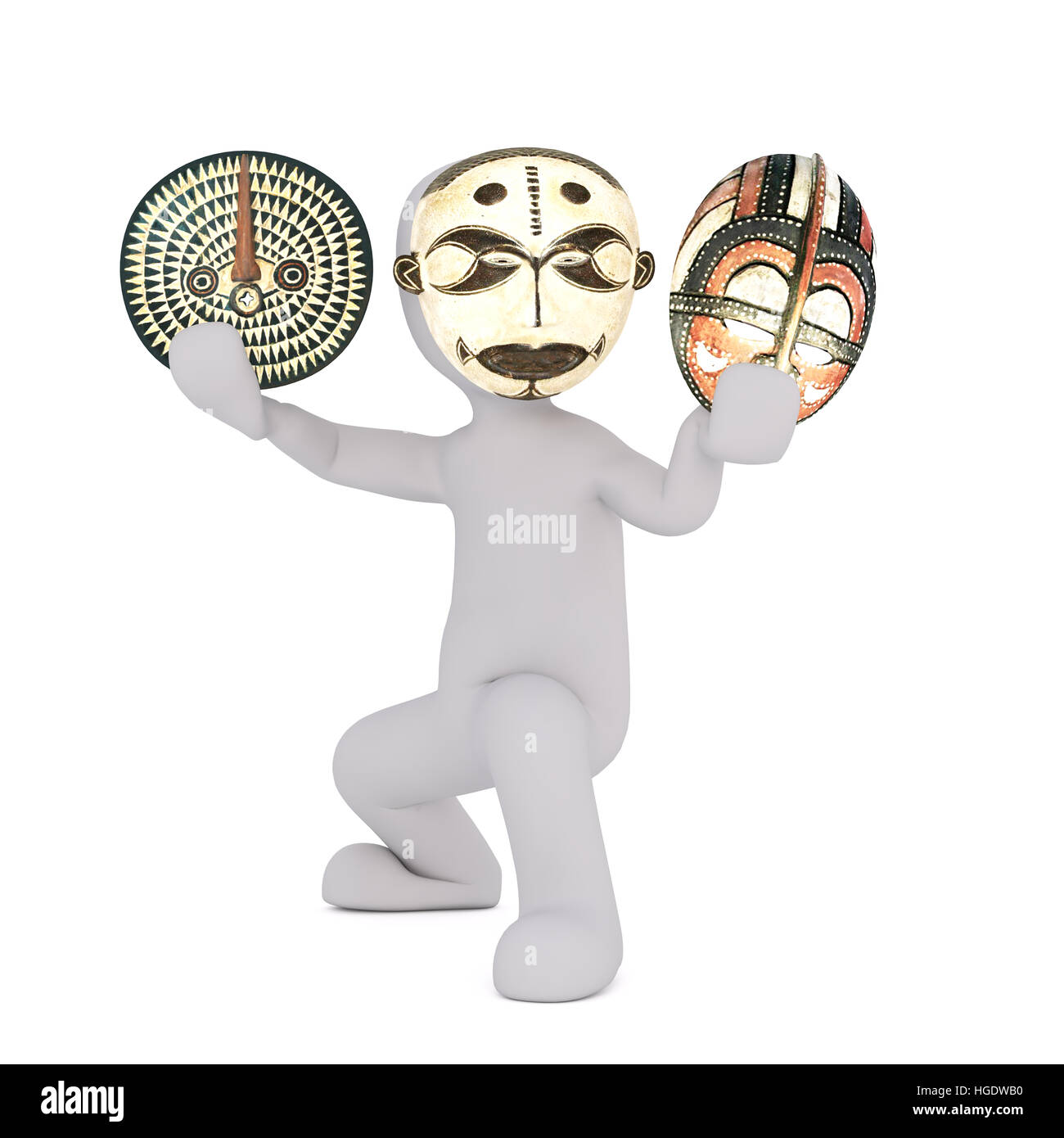 3D Rendering della figura del fumetto accovacciato tenendo premuto e indossando maschere tribali di fronte a uno sfondo bianco con spazio di copia Foto Stock