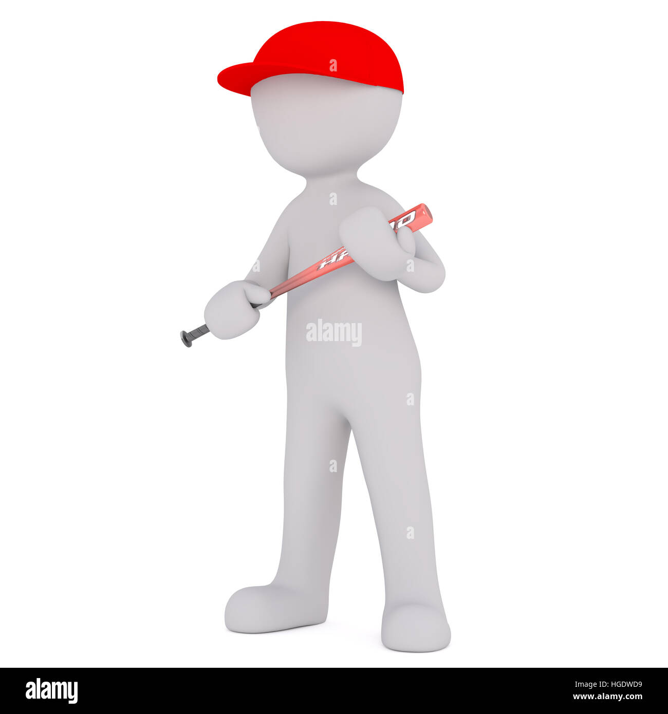 3D Rendering di Cartoon figura indossa cappuccio rosso e tenendo mazza da baseball mentre in piedi di fronte a uno sfondo bianco con spazio di copia Foto Stock