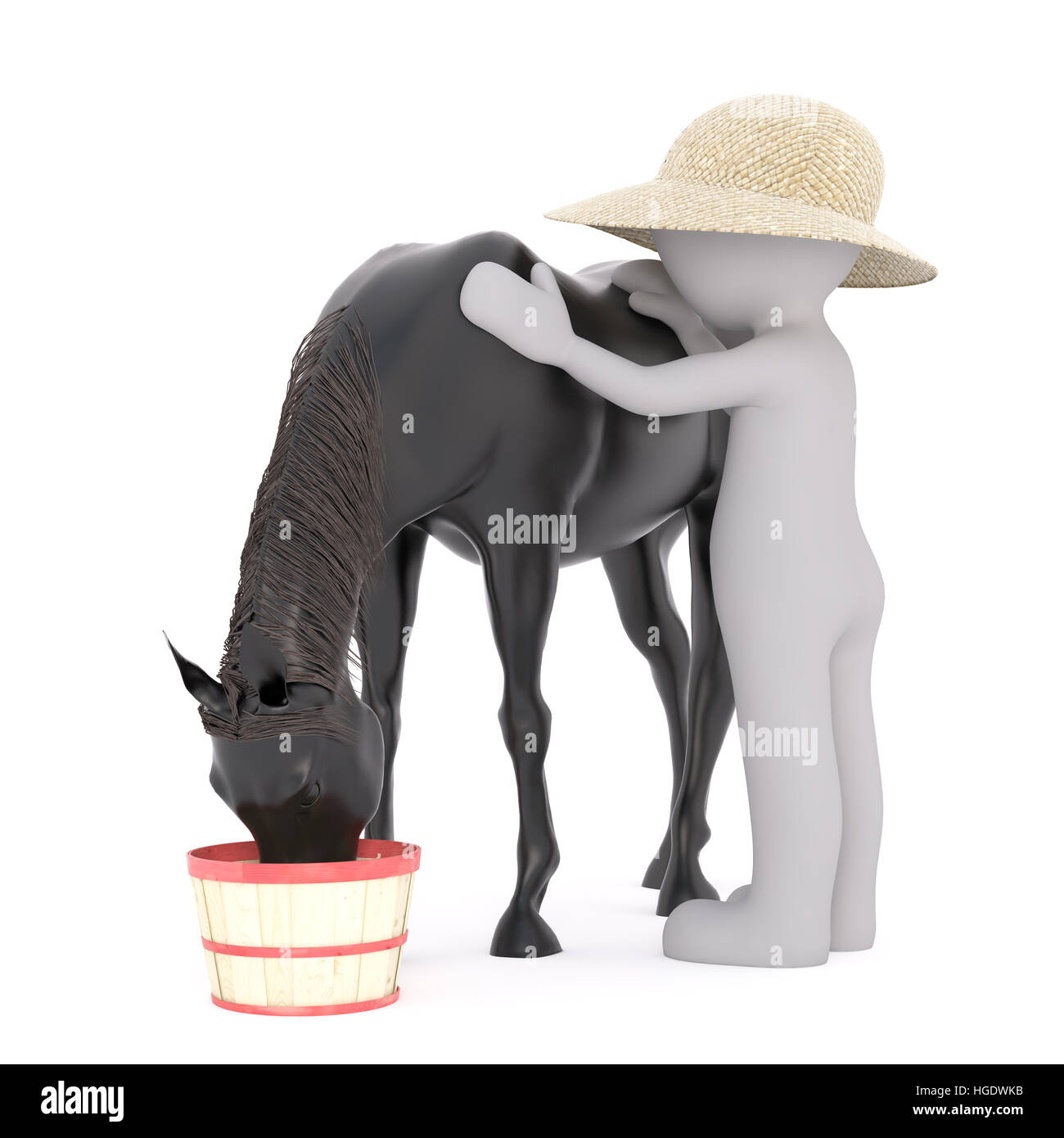 Uno 3D reso figura animali domestici il suo cavallo nero come si mangia da un cesto contro uno sfondo bianco Foto Stock