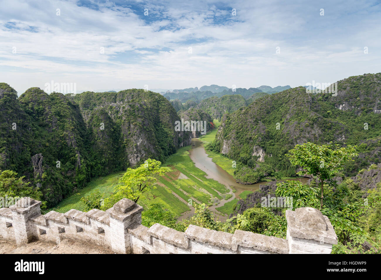 Vista dall'alto di risaie amid calcari da Mua le grotte di Tam Coc, Ninh Bình, Vietnam Foto Stock