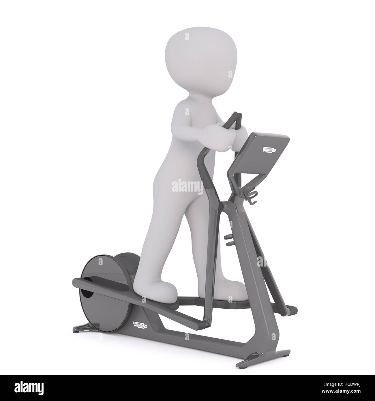 Tre quarti di vista sul singolo 3D figura utilizzando ellittica macchina ginnica su sfondo bianco Foto Stock