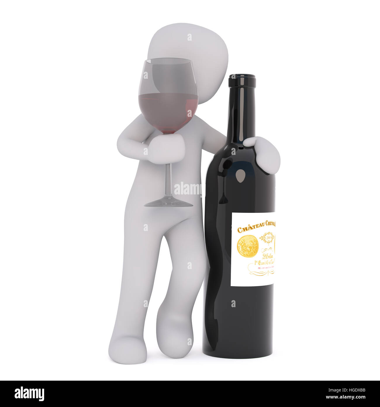 3D Rendering della figura del fumetto appoggiata contro la bottiglia grande di vino e tenendo un bicchiere di vino rosso davanti a uno sfondo bianco Foto Stock