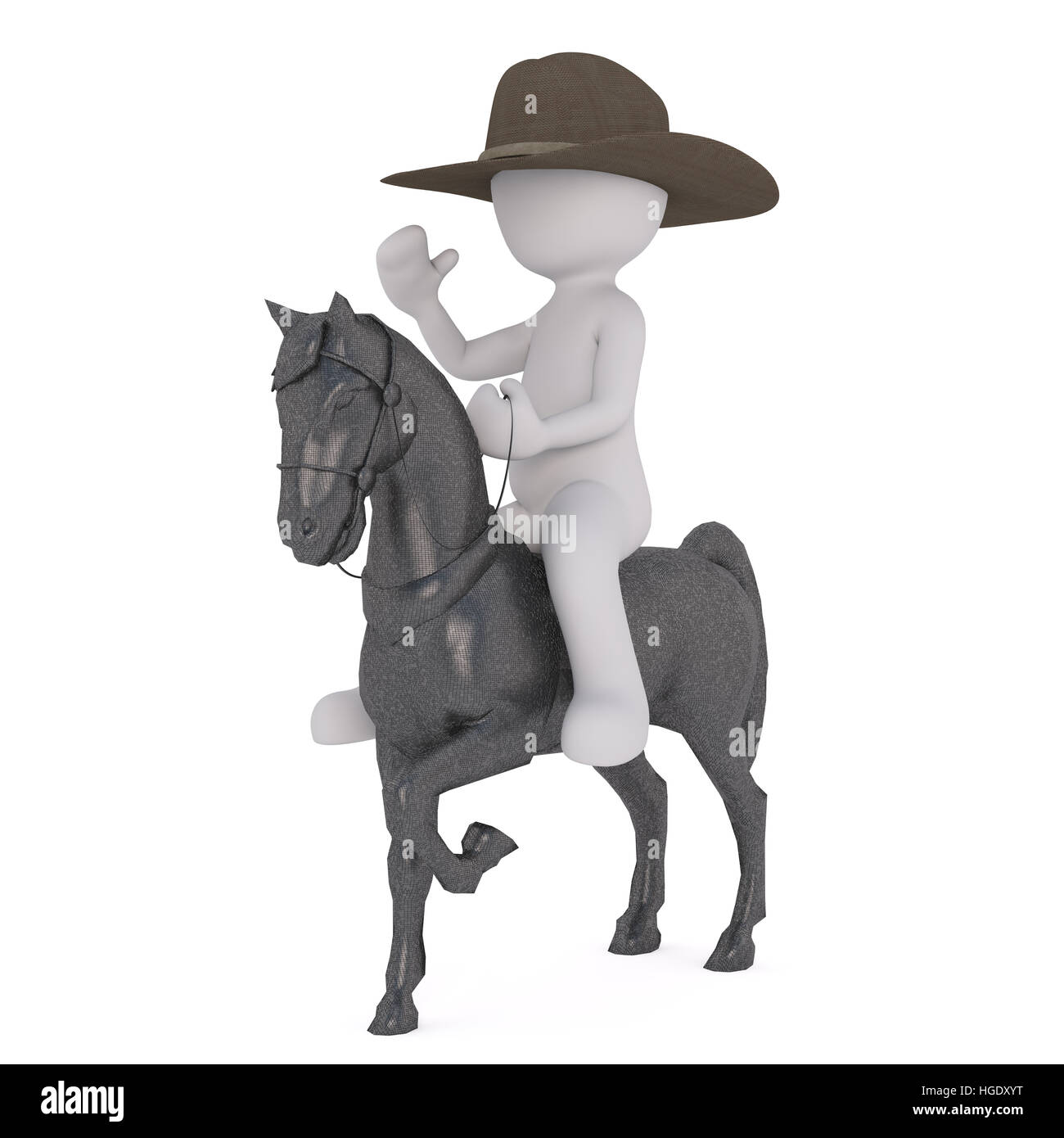 3D reso figura seduta in cima cavallo grigio mentre si indossa il cappello da cowboy contro uno sfondo bianco Foto Stock