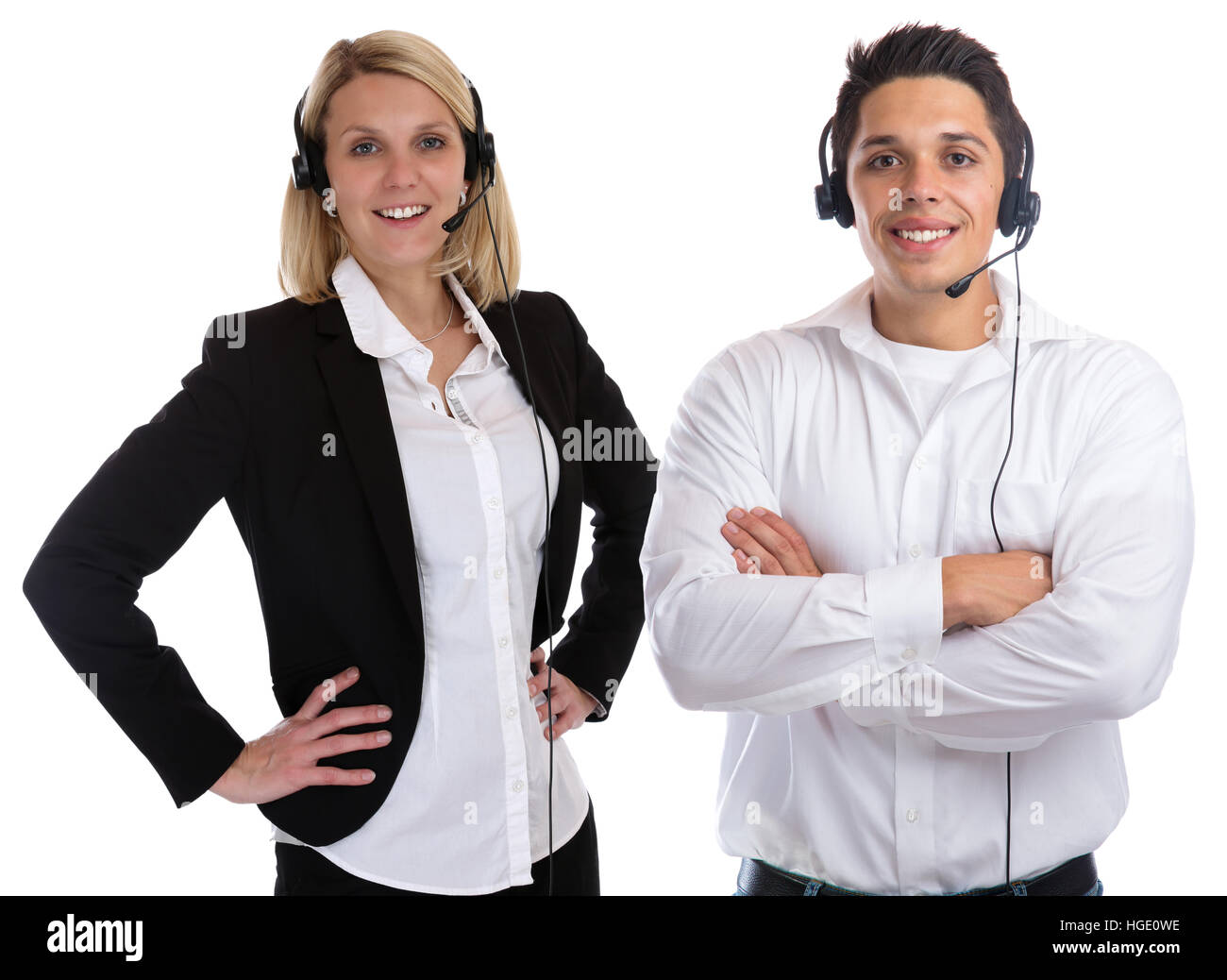 Call center agent team auricolare telefonico segretario sorridente business isolato su uno sfondo bianco Foto Stock