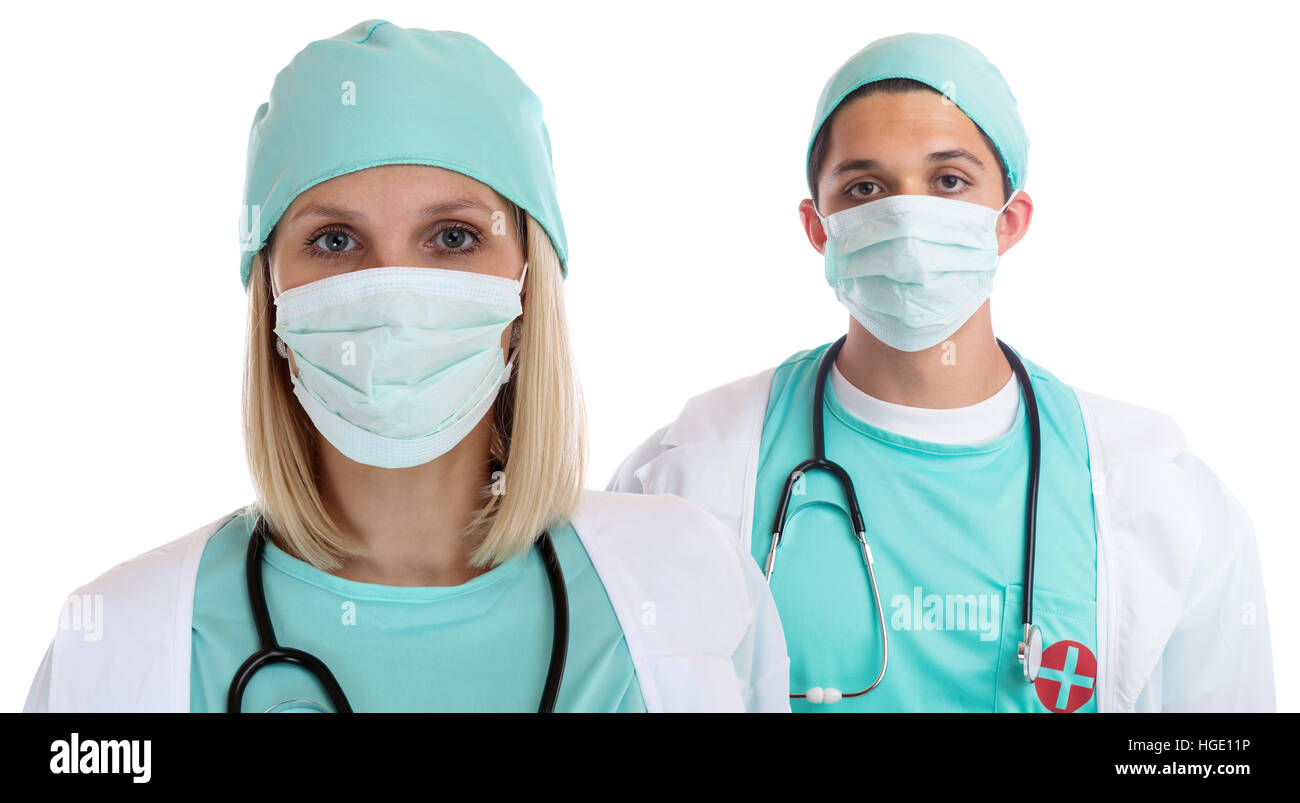 I giovani medici team medico donna uomo ritratto con maschera facciale occupazione lavoro isolato su uno sfondo bianco Foto Stock
