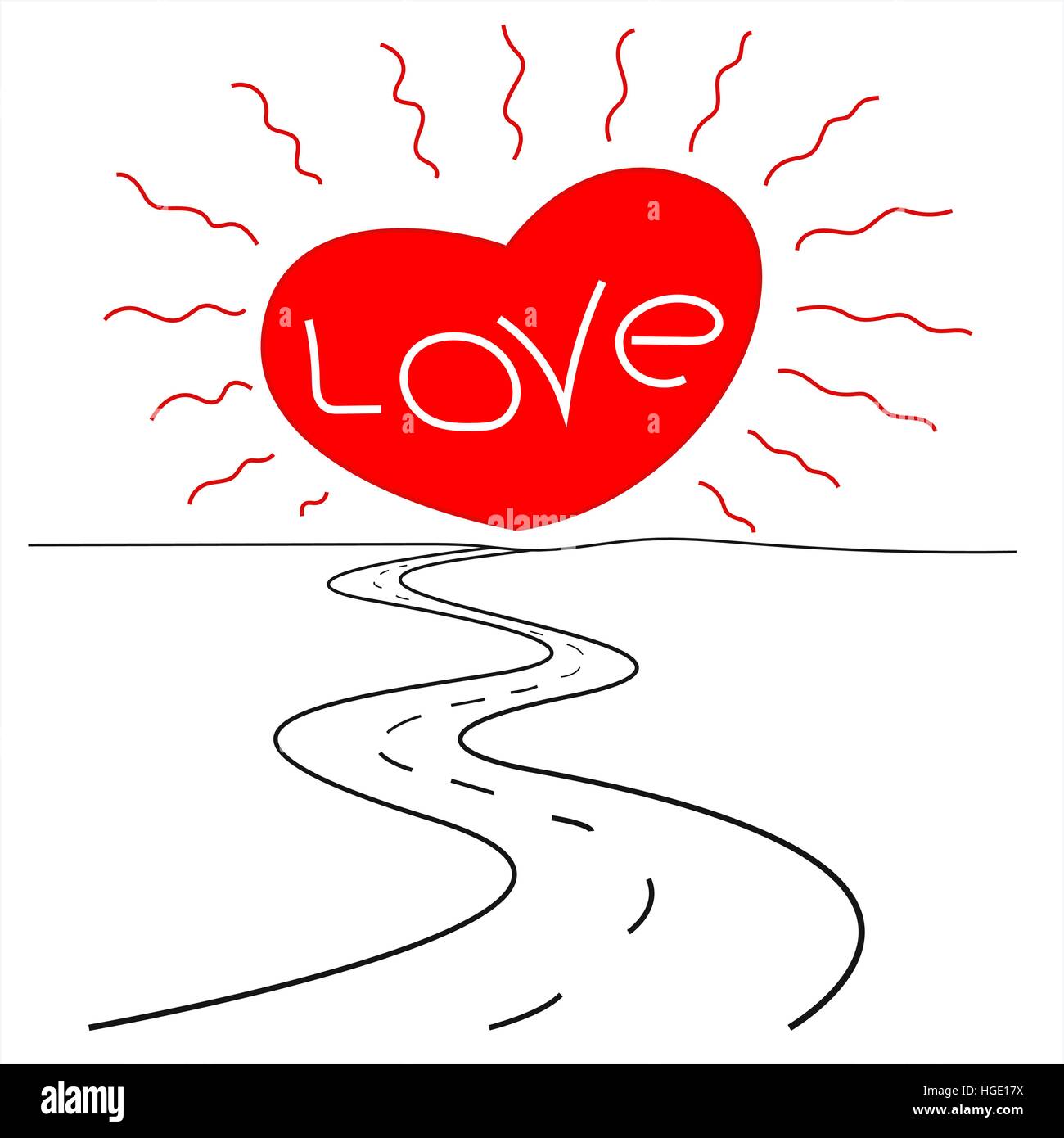 La lunga strada per amore sole cuore all'orizzonte poster Illustrazione Vettoriale